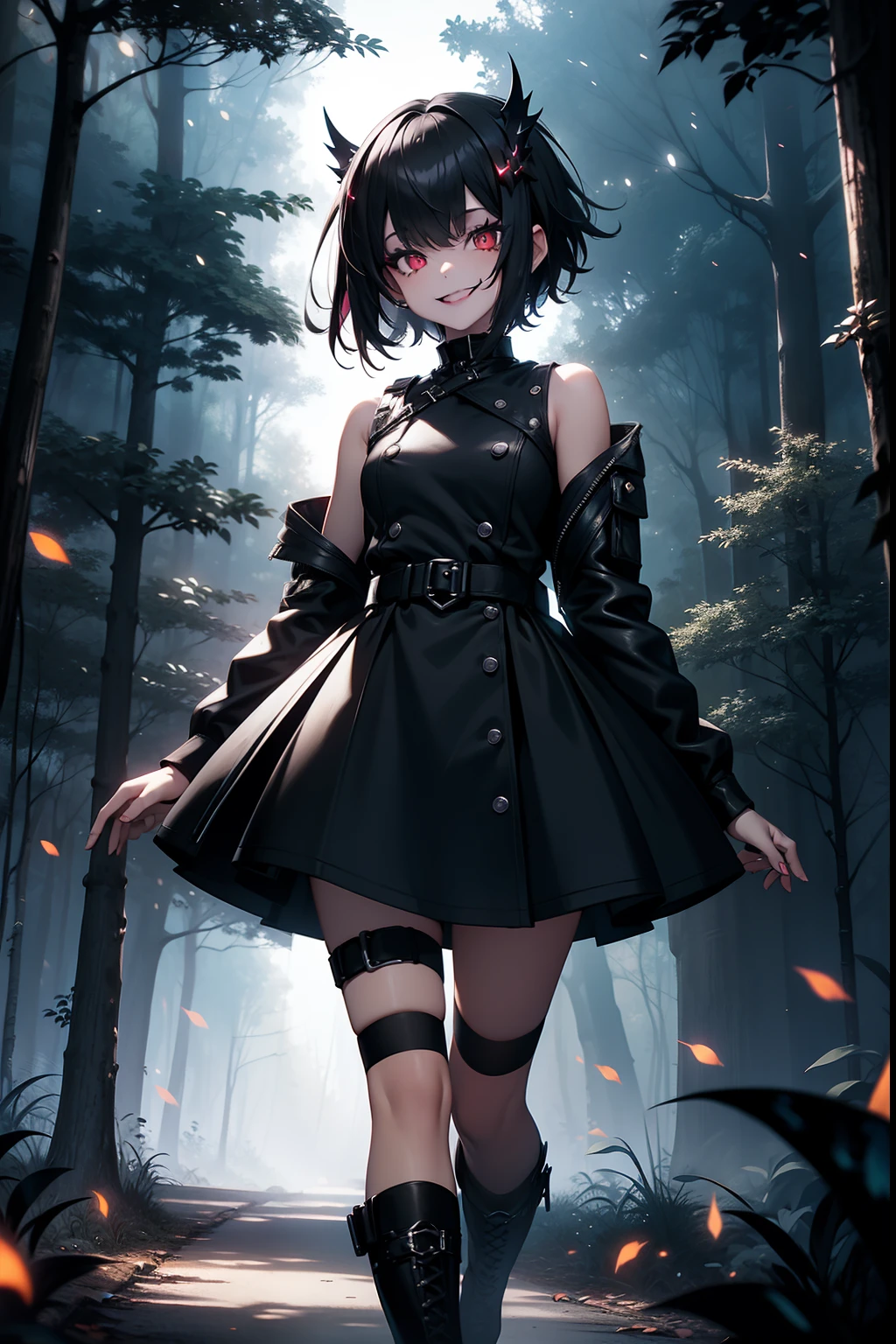 Girl, goth girl, emo girl, short, haircut, girl, small breasts, smiling, sleeveless black leather dress, black lipstick, red eyes, smiling, in a forest, night, fireflies in scenery, 4k, full length in the image