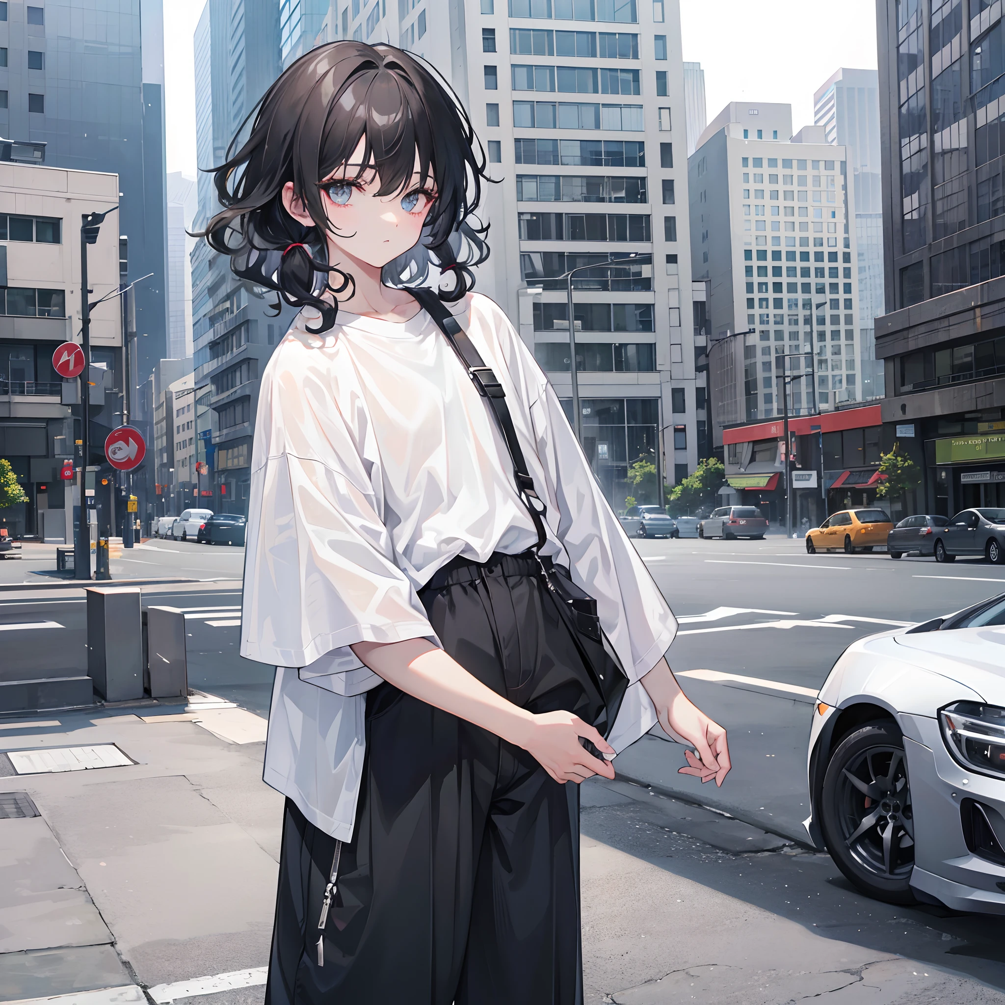 1boy, black curly mullet haircut, tuby eyes, wearing gray baggy vintage pants, oversized white t-shirt, city, absurdres, high res, ultrasharp, 8k, masterpiece, looking at viewer