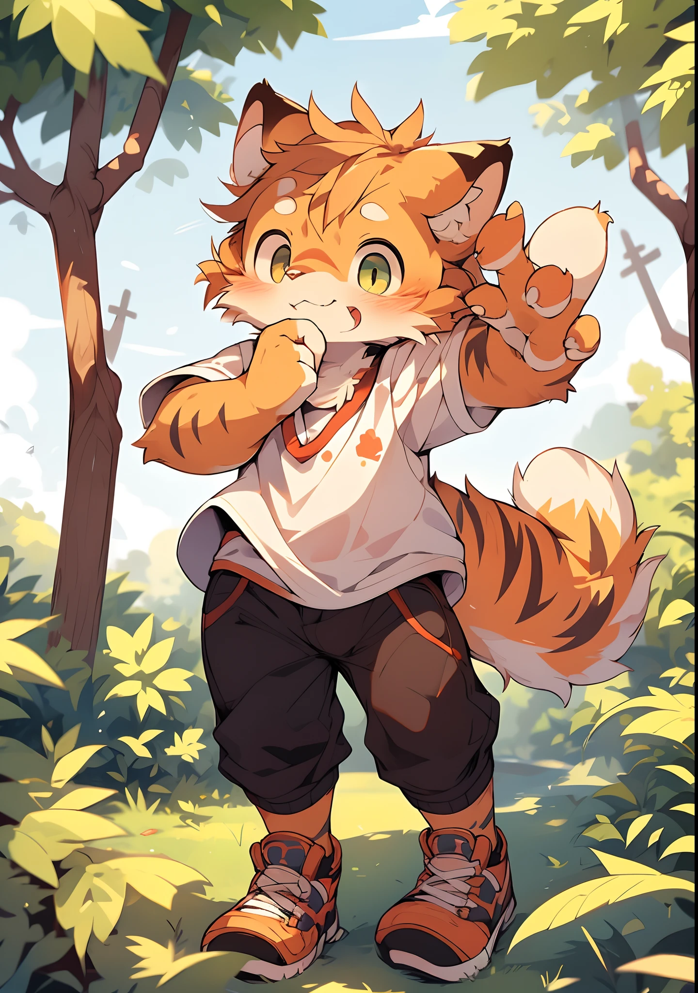 Masterpiece,High quality,abstract res,Digital painting\(artwork of a\), by Dagasi, Yupa,Kiyosan,(anthro,Fluffy fur,Character focus:1.1),anthro male cat,Short hair,Portrait , eyes with brightness, in a panoramic view, Character focus.(detailedbackground:0.7), 独奏, shaggy, shaggy male, male people（interiors、tigre，Boy student，Cubs，Fluffy，largeeyes，Big head，Walk upright，Male，Boy，White T-shirt，Black pants，Telematics shoes，On the run，夏天，In the park，The whole body is fluffy，Cute face，1），No hair，wears glasses