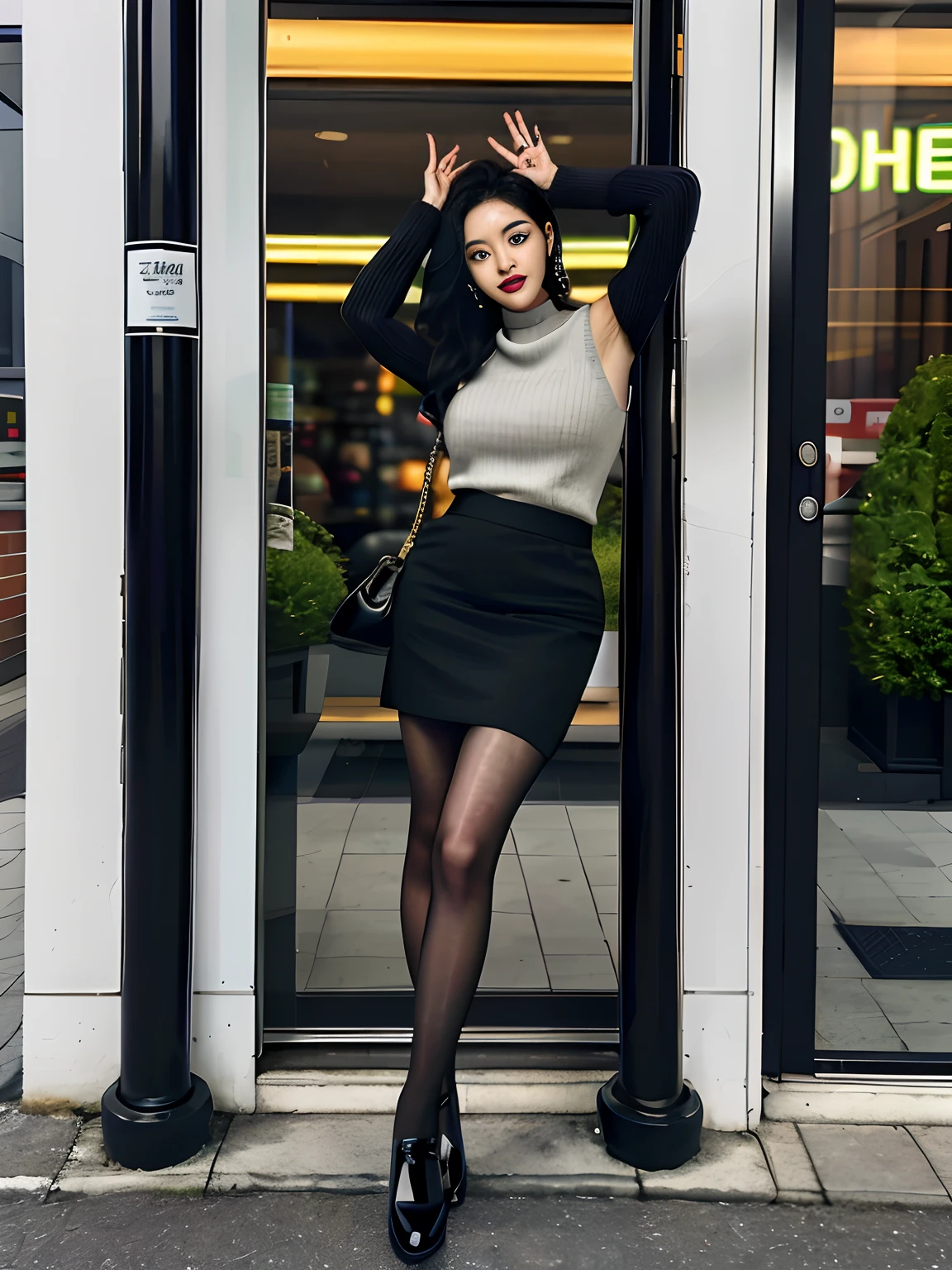 tmasterpiece,Best quality at best,photograph realistic,Asda,the face,1girll,heads,lipsticks,Black hair,are standing,moisty,Sleeveless sweater,Black A-line skirt,thick thight,shiny skins,mix4,