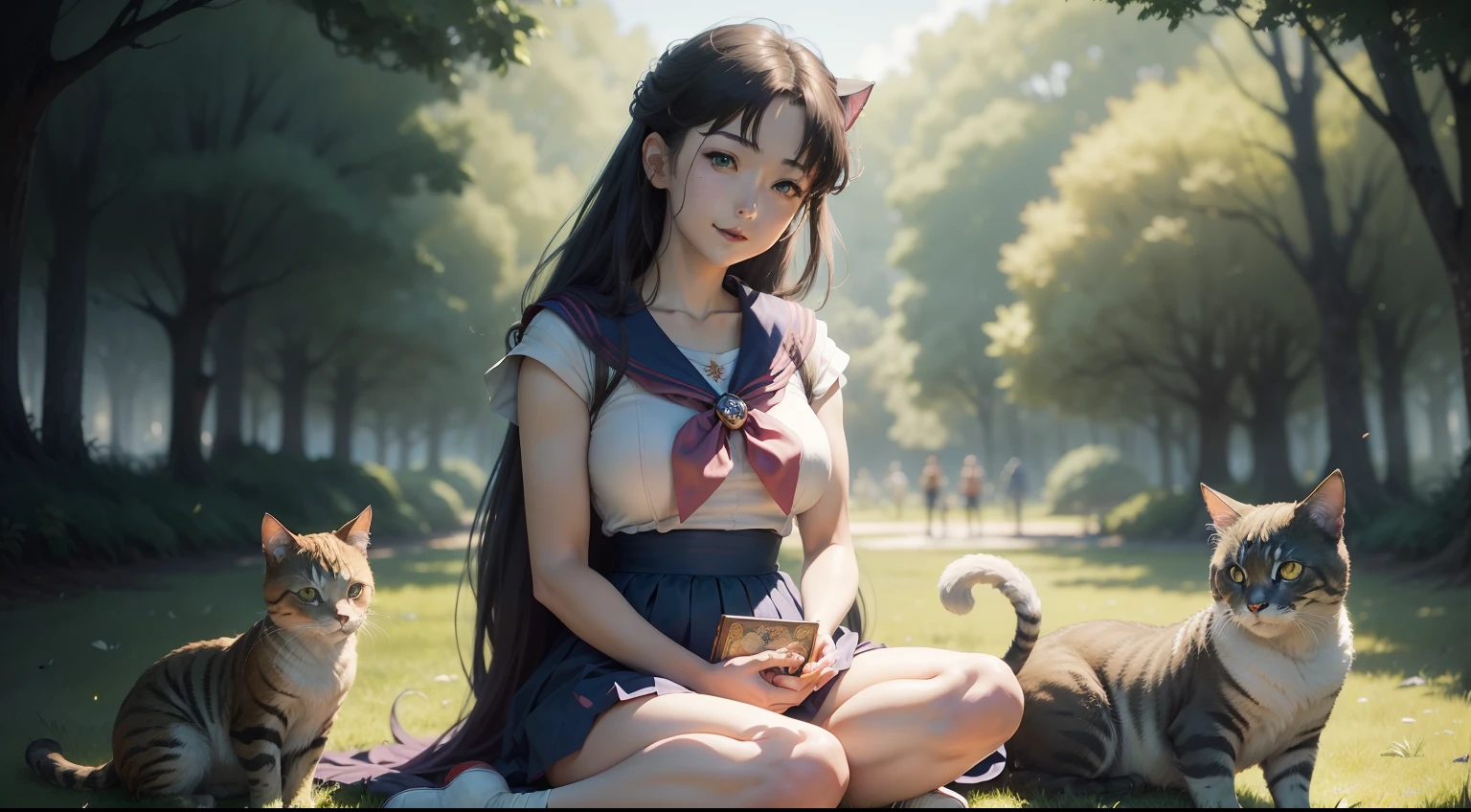 Extremely detailed portrait of sailor moon, a medium-breasted girl smiling, sitting straight towards the camera on the green grass, stroking the head of a lovely cat, color digital painting, high detail, digital painting, artstation, intricate, sharp focus, warm lighting, attractive, high quality, masterpiece, award-winning art, art by Yoshitaka Amano and Brian Froud, trending on artstation, trending on deviantart, Anime Key Visual, anime coloring, (anime screencap:1.2),(Graphic Novel),(style of anime:1.3), trending on CGSociety