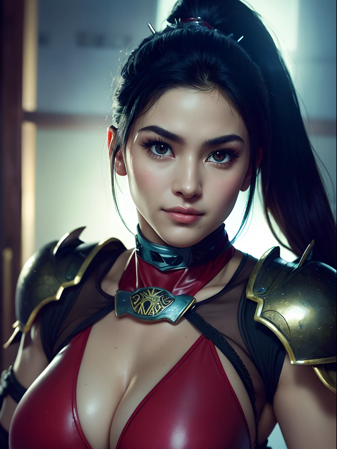 ((Masterpiece)), (high resolution:1.4), (close up:1), on a ninja temple, Taki, brown eyes ,ponytail, brown eyes, TakNin, fingerless gloves, shoulder armor, arm guards, shin guards, leg armor, sandals, red bodysuit, looking at viewer, beautifull smile, beautiful face, highly detailed skin, skin pores, (highly detailed face:1.1), (highly detailed eyes:1.1), realistic pupils, full face blush, full lips, (perfect anatomy:1.1), (perfect proportions:1.1), (photography:1.1), (photorealistic:1.1), volumetric lighting, dynamic lighting, real shadows, (highres:1.1), sharp focus, (realistic, hyperrealistic:1.4), intricate, high detail, dramatic, subsurface scattering, big depth of field, vivid, polished, sharpened, ((full Sharp)), (extremely absurdres),16k hdr, nightlight