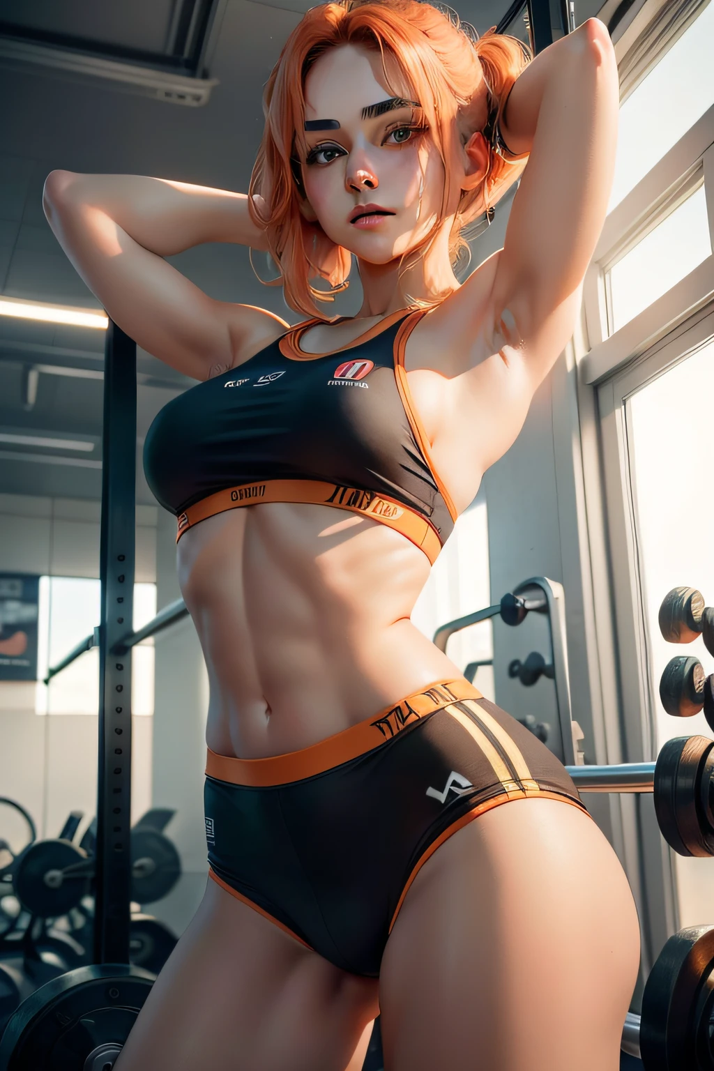 Generate an ultra-realistic, full-body image of Dilara Toprak, a 20-year-old Turkish woman, dressed in appropriate gym attire, with her back to the viewer as she performs pull-ups. Make sure Dilara is doing pull ups. The gym environment should be realistically depicted, and Dilara should have Turkish facial features, including light orange colored hair and brown eyes. Emphasize the ultra-realistic quality of the image, aiming for a photograph-like level of detail