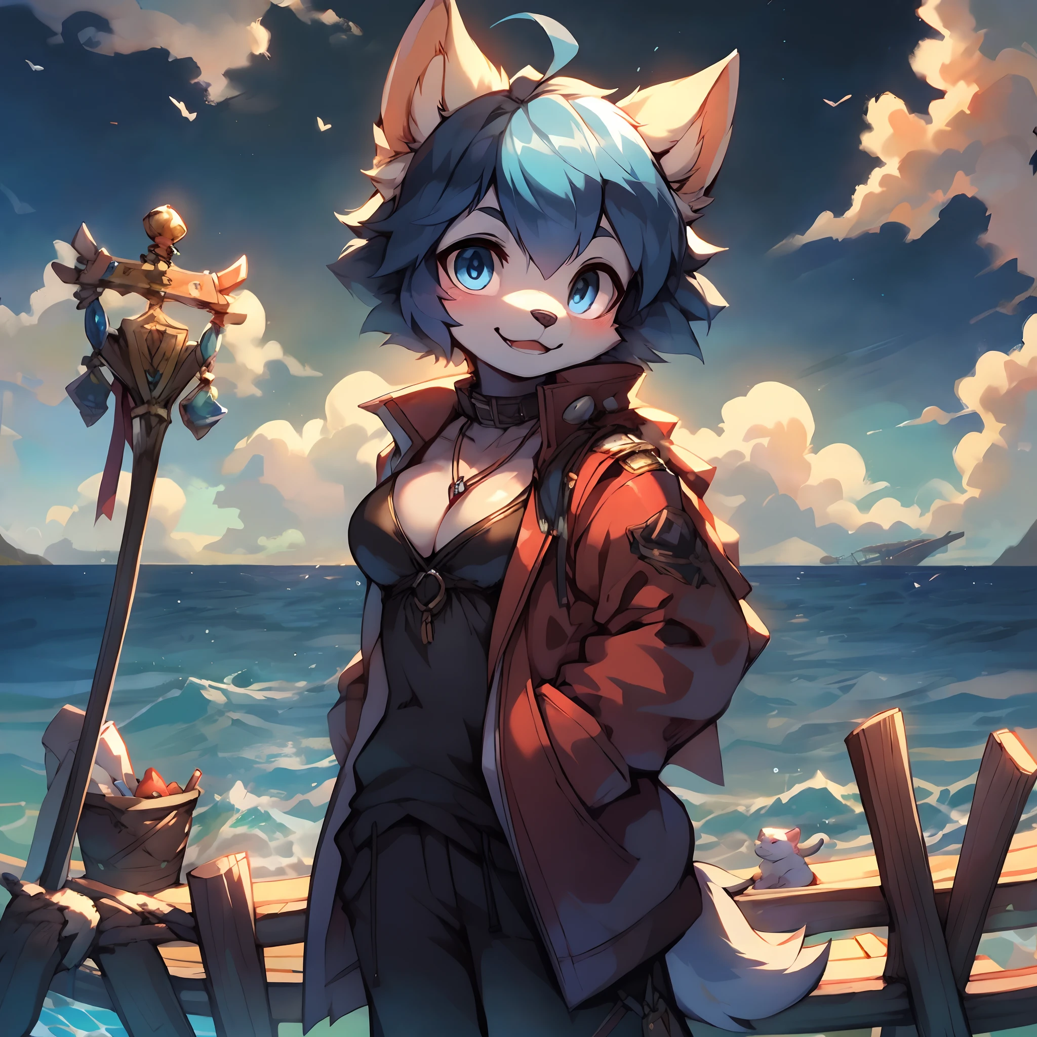 Stand in front of the raft， boy，Animal ear，sea beach，Blue hair，eBlue eyes，blue-sky，das boot，catss，​​clouds，cloud sky，fishing pole，horizon，jaket，Character focus，the ocean，placket，exteriors，jetty，depth of fields，Red jacket，Skysky，ssmile，solo person，Eau，vessels，closeup cleavage