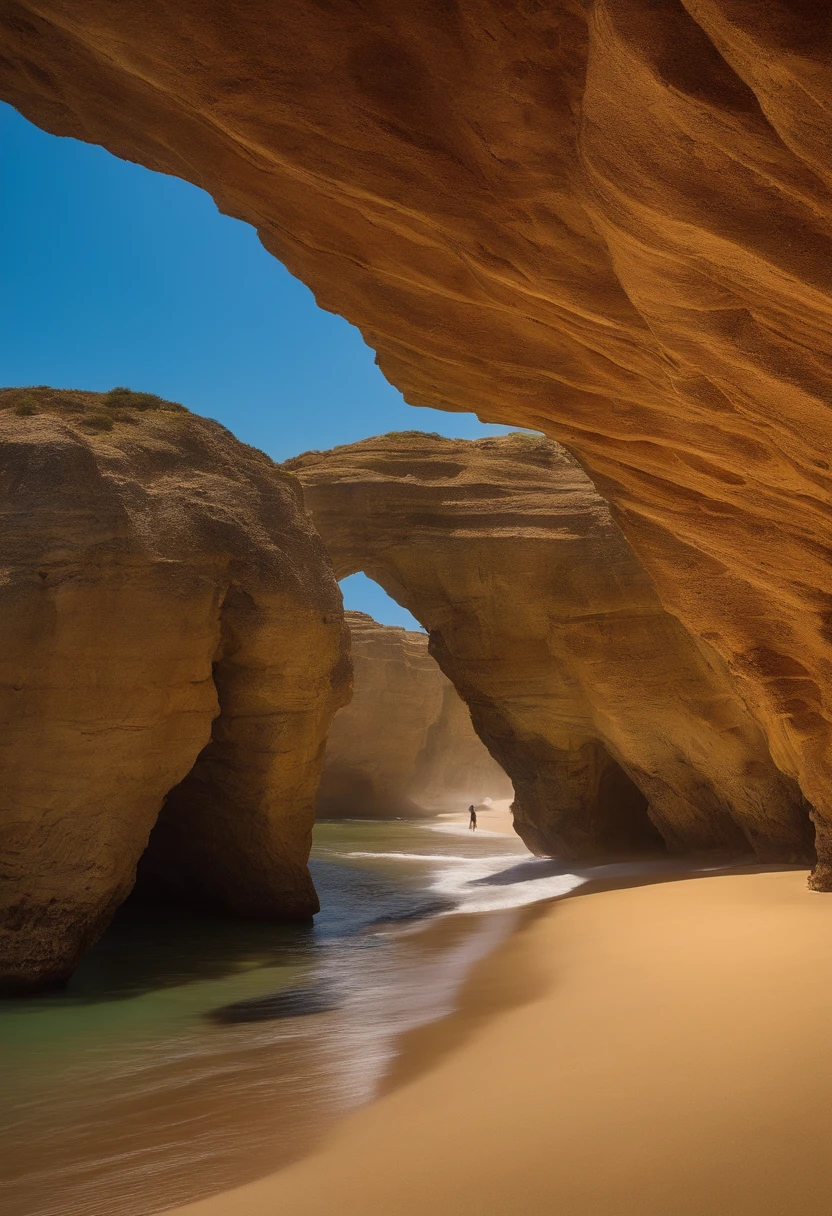generate me a beautiful moroccan girl 1m70 85kg ,brune who's walking under Algarve rock on portugal beach .