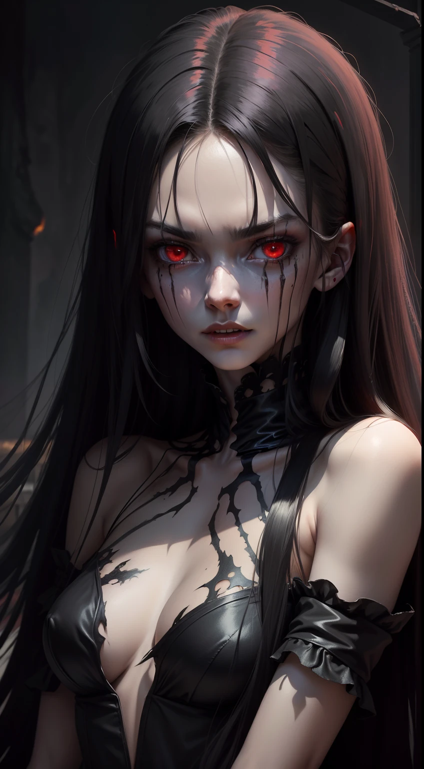 (masterpiece), A very pal humanoid character, with red eyes, horror, she is creepy, she is scary, shock value, very evil, she is skinny, evoke, fear, terror, dread, decay, disgust, dark, unusually thin, thin, scraggly, emaciated, twisted, frightening, sick, (messy_long_straight_dark_hair), fog, evil eyes, eyes glowing, (she is wearing a black_dress from the 1600s that is torn.), fall weather, cold, night time, she is in the air, floating, covered in blood, floating, above the ground,1600s