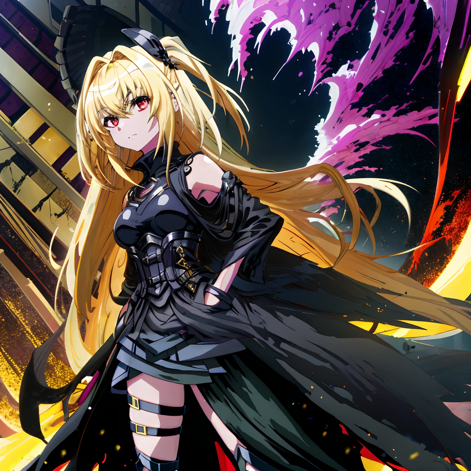 Yami the Golden Darkness as an adult, long flowing black battle dress, well formed features,   beautiful SFW, not red