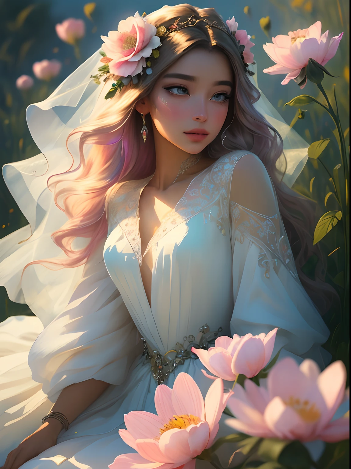 The colors in this image are soft and draw inspiration from gentle watercolors and should be primarily pink. Generate a delicate and tranquil flower princess with soft hair dancing in the wind and intricately braided. Her sweet face has puffy, kissable lips and stunning, highly realistic eyes. She has beautiful eyes, hires eyes, 8k eyes, beautiful detail eyes, beautiful detailed eyes, realistically shaded eyes, and realistic eyes in vibrant colors. She is wearing delicately detailed fabric of gossamer silk and satin. Small pink gemstones and cream pearls detail her clothing. She sits in the midst of the most beautiful meadow in the world and is surrounded by beautiful flowers of varying sizes and colors. The background is wild and unruly, with delicate flowers dancing in the wind and creating a dynamic and compelling image. An ornately flowered headdress adorns her head and soft petals fall around her. The flowers are realistic and very detailed and come in different shapes and sizes, some with iridescence and others with varying shades of pink and blue. Include a soft watercolor sky. The background is wild, with delicate flowers dancing in the wind and colorful pollen filling the air. Include realistic hair and skin texture. Include fantasy details, enhanced details, iridescence, colorful glittering wind, and pollen. Pay special attention to her face and make sure it is beautifully and realistically detailed. The image should be dreamy and ethereal. Include intricate fantasy details. 8k, intricate, elegant, highly detailed, majestic, digital photography, art by artgerm and ruan jia and greg rutkowski surreal painting pearl butterfly filigree, flower petals, (masterpiece, finely detailed beautiful eyes: 1.2), hdr, realistic skin texture, ((ornate)), ((intricate)), ((fantasy00d:1.2)), rays of light, (add details), (add more details), highly detailed, ornate flowers, dew drops, sunlight, rays of sun