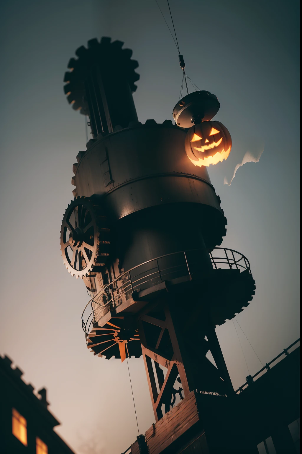 Halloween. A huge gear flies in the air high above the ground. Gears turn the mechanism of the Halloween holiday. Sparks. shadows of huge ghosts. cinematic. Super realistic. Blurred dark gloomy background. light haze.