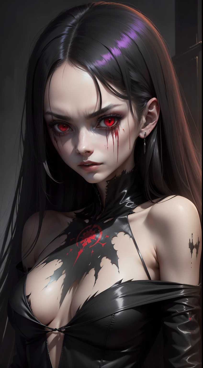 (masterpiece), A very pal humanoid character, with red eyes, horror, she is creepy, she is scary, shock value, very evil, she is skinny, evoke, fear, terror, dread, decay, disgust, dark, unusually thin, thin, scraggly, emaciated, twisted, frightening, sick, (messy_long_straight_dark_hair), fog, evil eyes, eyes glowing, (she is wearing a black_dress from the 1600s that is torn.), fall weather, cold, night time, she is in the air, floating, covered in blood, floating, above the ground,1600s