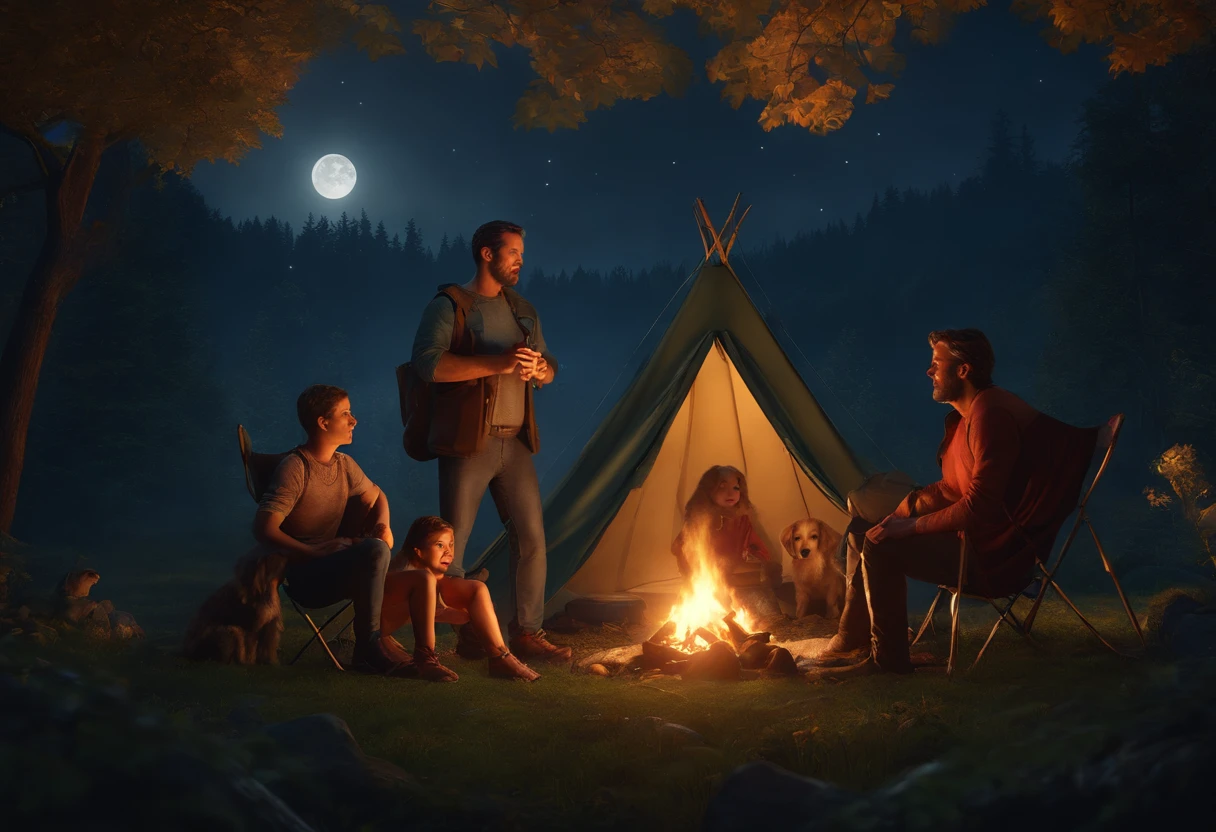FATHER, MOTHER AND CHILDREN CAMPING TOGETHER, CAMP FIRE, NIGHT, MOONLIGHT, NATURE, GOLDEN RETRIEVER, FIRE FLIES, 8K, detailed matte painting, deep color, fantastical, intricate detail, splash screen, complementary colors, fantasy concept art, 8k resolution trending on Artstation Unreal Engine 5",