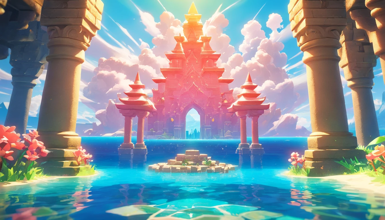 Virtual scene design, coral art installation above the blue ocean, galvanized fiberglass with rainbow gradient, surreal visual representation, magnificent architecture, unique, intricate, exquisite details,(blender, oc rendering, natural light, ray tracing, 8K)