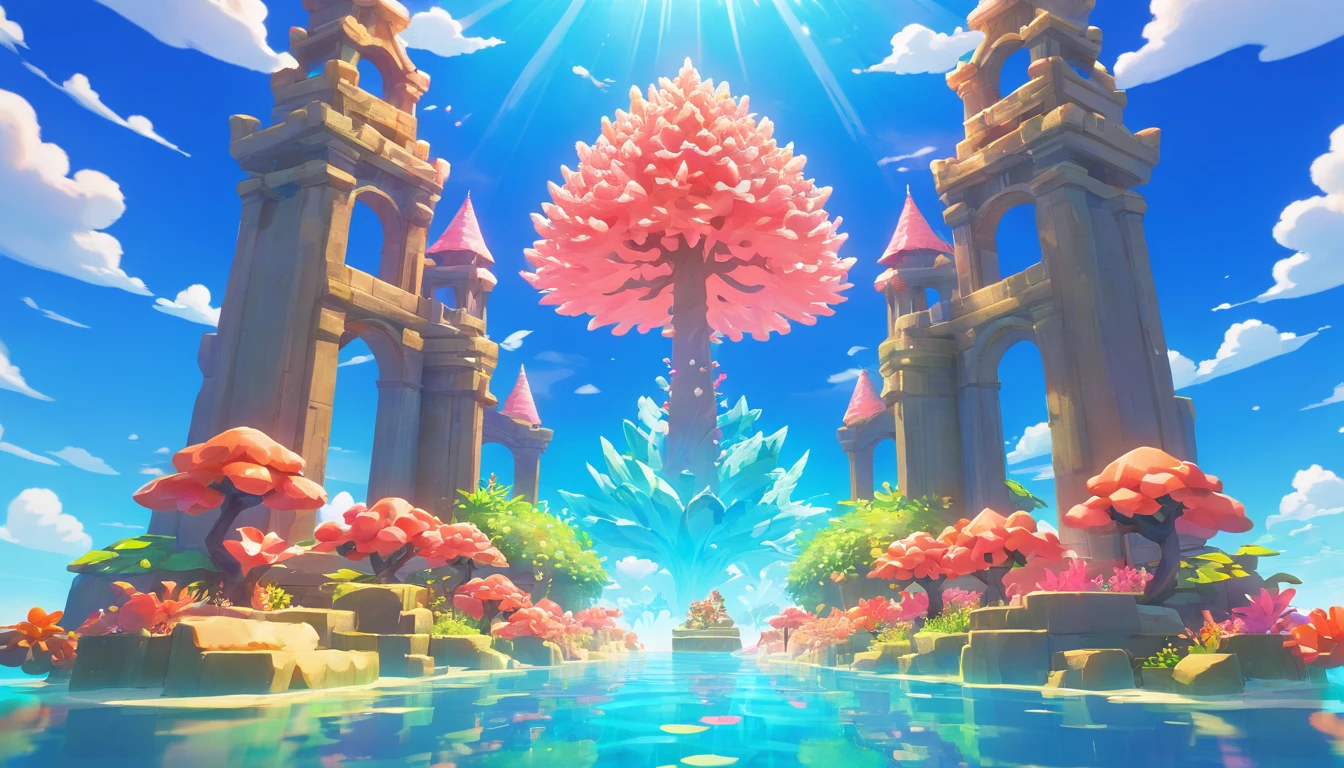 Virtual scene design, coral art installation above the blue ocean, galvanized fiberglass with rainbow gradient, surreal visual representation, magnificent architecture, unique, intricate, exquisite details,(blender, oc rendering, natural light, ray tracing, 8K)