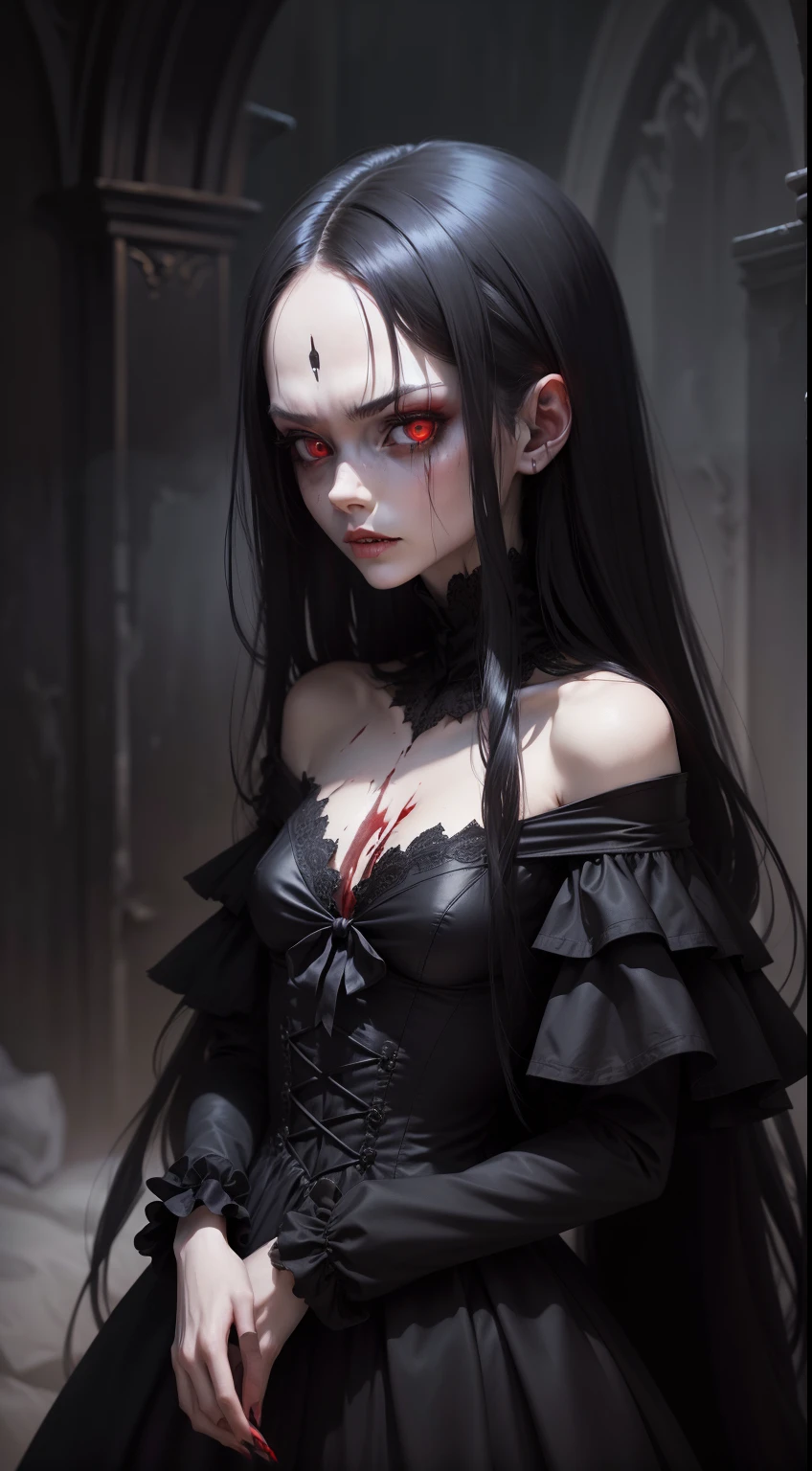 (masterpiece), A very pal humanoid character, with red eyes, horror, she is creepy, she is scary, shock value, very evil, she is skinny, evoke, fear, terror, dread, decay, disgust, dark, unusually thin, thin, scraggly, emaciated, twisted, frightening, sick, (messy_long_straight_dark_hair), fog, evil eyes, eyes glowing, (she is wearing a black_dress from the 1600s that is torn.), fall weather, cold, night time, she is in the air, floating, covered in blood, floating, above the ground,1600s