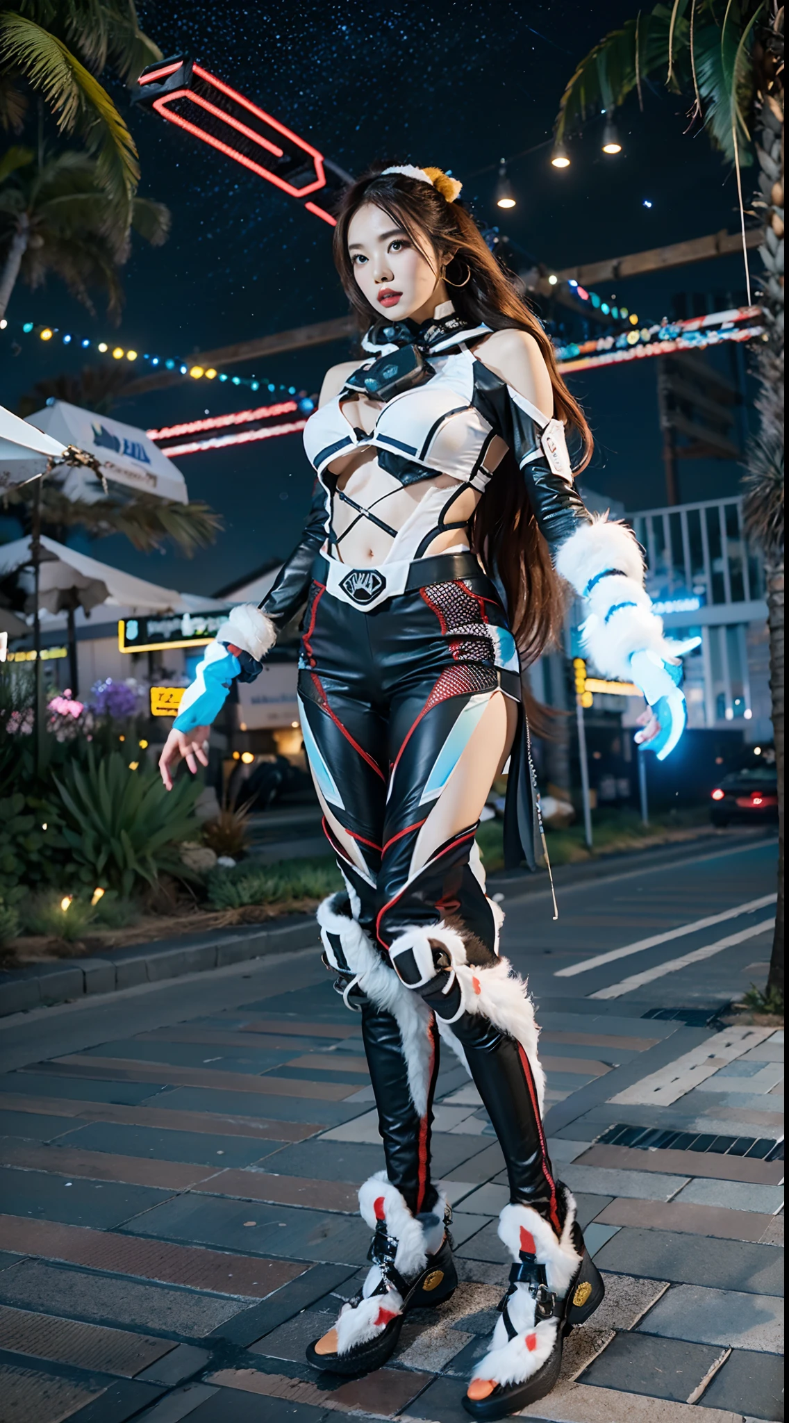 In a very grand scene，The extra-large wide-angle lens captures the appearance of a female centaur。She is tall，It has the ultimate curvy beauty，The muscles are slender and firm，Beautiful lines。Her facial features are tough and coquettish，Always with a sunny smile。She wears special tight-fitting equipment with a strong sense of technology，Step on multifunctional off-road style heels，Delicate and practical protective gear is worn on the hands, feet, wrists, neck and shoulders。The detection equipment around you flashes various cue lights and neon-like information screens，Let her exude a charming brilliance。Use Midjourney's advanced tools，Design special tight-fitting equipment for female centaurs，Highlight her unique physiological characteristics and appearance details，Add realism。And in her adventure scene，Spectacular views of nature，Such as the sky where storms and sunny days alternate、Brilliant rivers of stars and auroras、The snow-capped summit of Mount Everest、Fireworks in the mountain town, etc。ao mesmo tempo，Away from the hustle and bustle of Long Beach Pier is a neon-lit spaceship docked，Create a fantastic scene。Use Midjourney's advanced tools and multiple color palettes、Brush Strokes、Texture tools and model packages，It shows a sense of atmosphere where beauty and charm coexist。The charm of the female centaur is highlighted through color and lines，Enhance realism with detailing，Create a surreal dreamy feeling。Additionally，Use Midjourney's tools to add a variety of extreme sports gear and cultural trinkets to the female centaur，Create intricate hairstyles and outfits，Give her a sense of premium。She never flinches，Regardless of the terrain，can respond quickly，Even the extreme geography and dangerous terrain of aliens cannot stop her。Use Midjourney's powerful tools，You can do it with incredible detail and beauty，Bring this ultra-grand and beautiful scene to life。Ultra-grand scenes，super wide shot， hdr，（真实感，Masterpiece quality，best qualtiy），