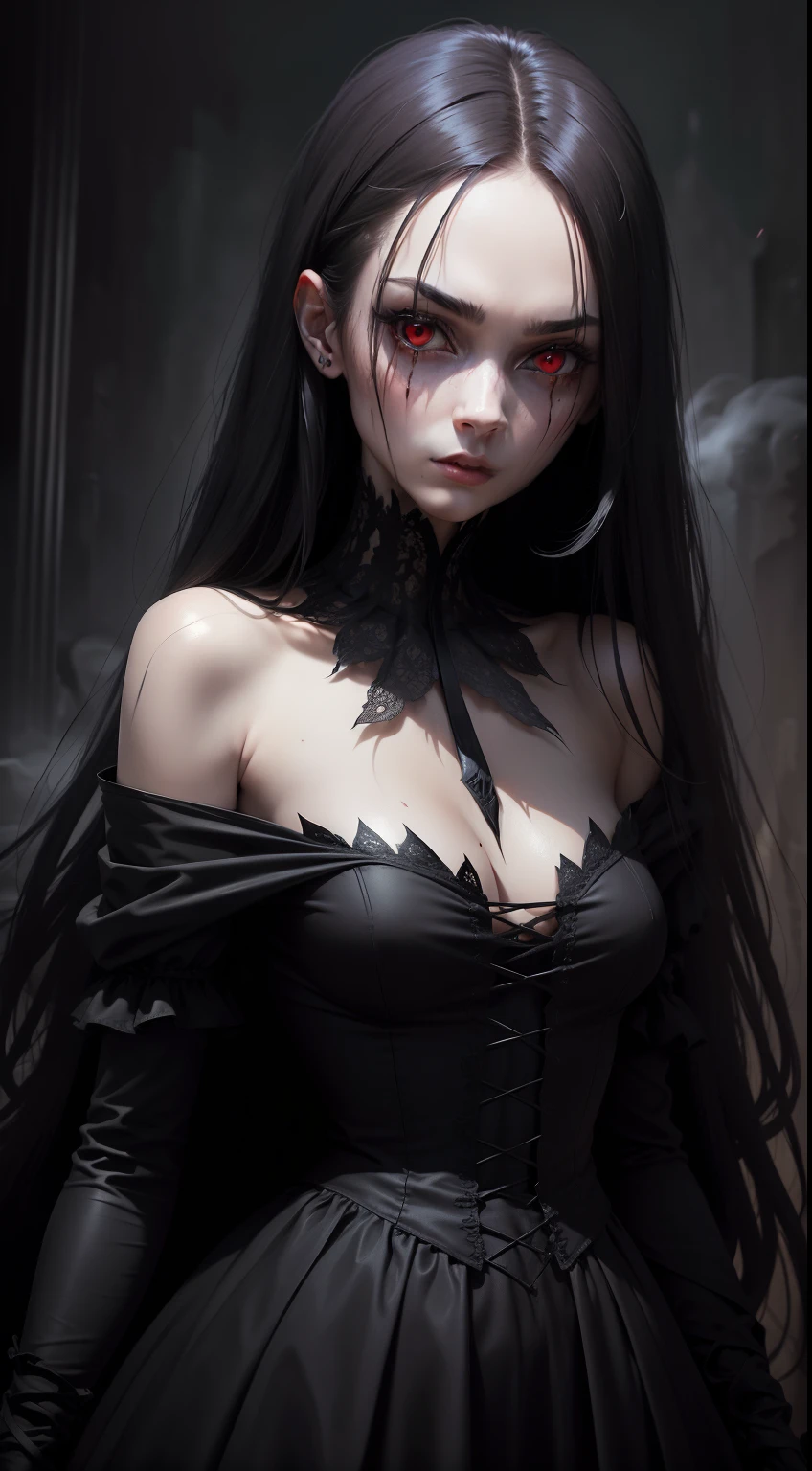 (masterpiece), A very pal humanoid character, with red eyes, horror, she is creepy, she is scary, shock value, very evil, she is skinny, evoke, fear, terror, dread, decay, disgust, dark, unusually thin, thin, scraggly, emaciated, twisted, frightening, sick, (messy_long_straight_dark_hair), fog, evil eyes, eyes glowing, (she is wearing a black_dress from the 1600s that is torn.), fall weather, cold, night time, she is in the air, floating, covered in blood, floating, above the ground,1600s