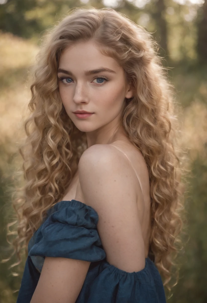 "Full body portrait of a charming 18 year old women with curly hay coloured hair, a late 80s hair style look, small freckles, beautiful face, captivating dark blue eyes, and modest bust size, showcasing her natural beauty."