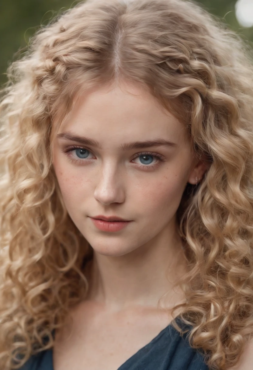 "Full body portrait of a charming 18 year old women with curly hay coloured hair, a late 80s hair style look, small freckles, beautiful face, captivating dark blue eyes, and modest bust size, showcasing her natural beauty."