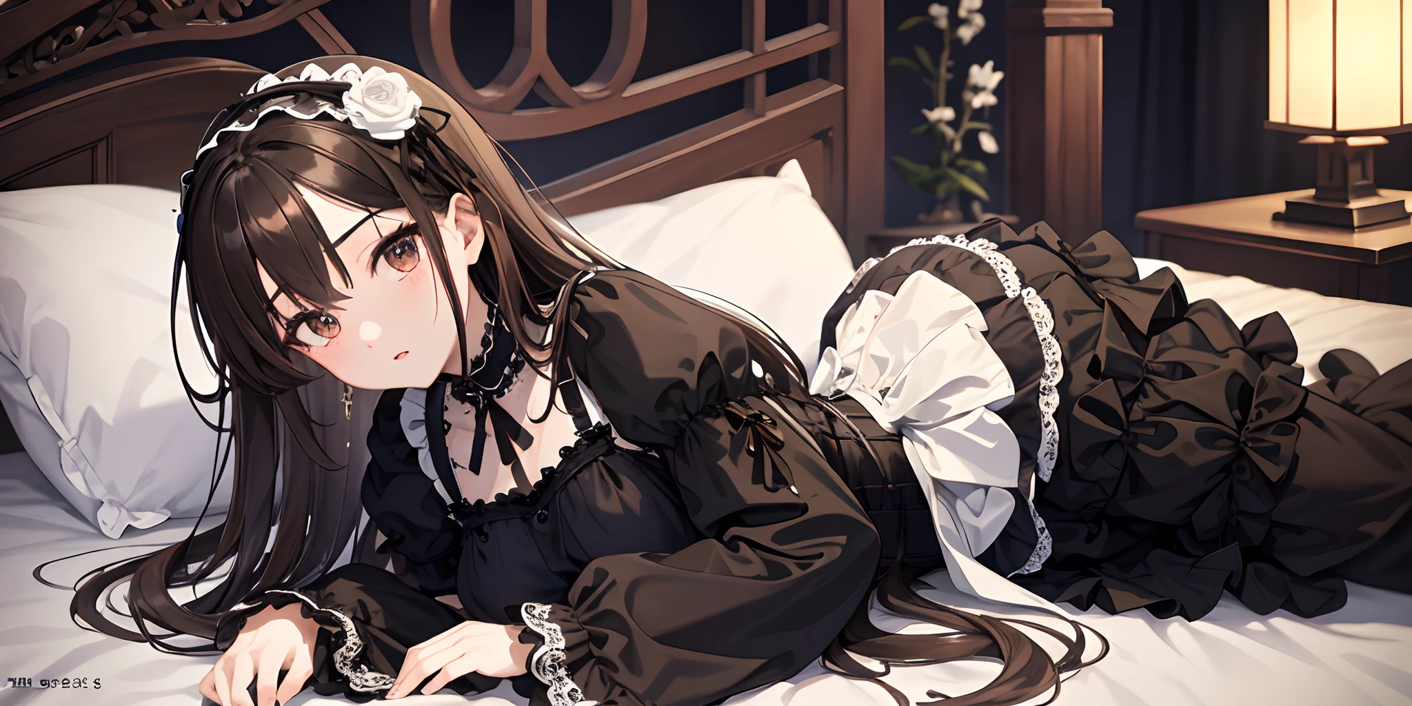 1girl,(bright lighting,romantic setting),dreamy background,,dark hair, mesmerizing gaze, , soft skin, alluring beauty, artistic portrait, high-quality image, vibrant colors,long pink floral sheer skirt, mosquito net, romantic bedroom, sidesuspension,solobound,blindfold,gag