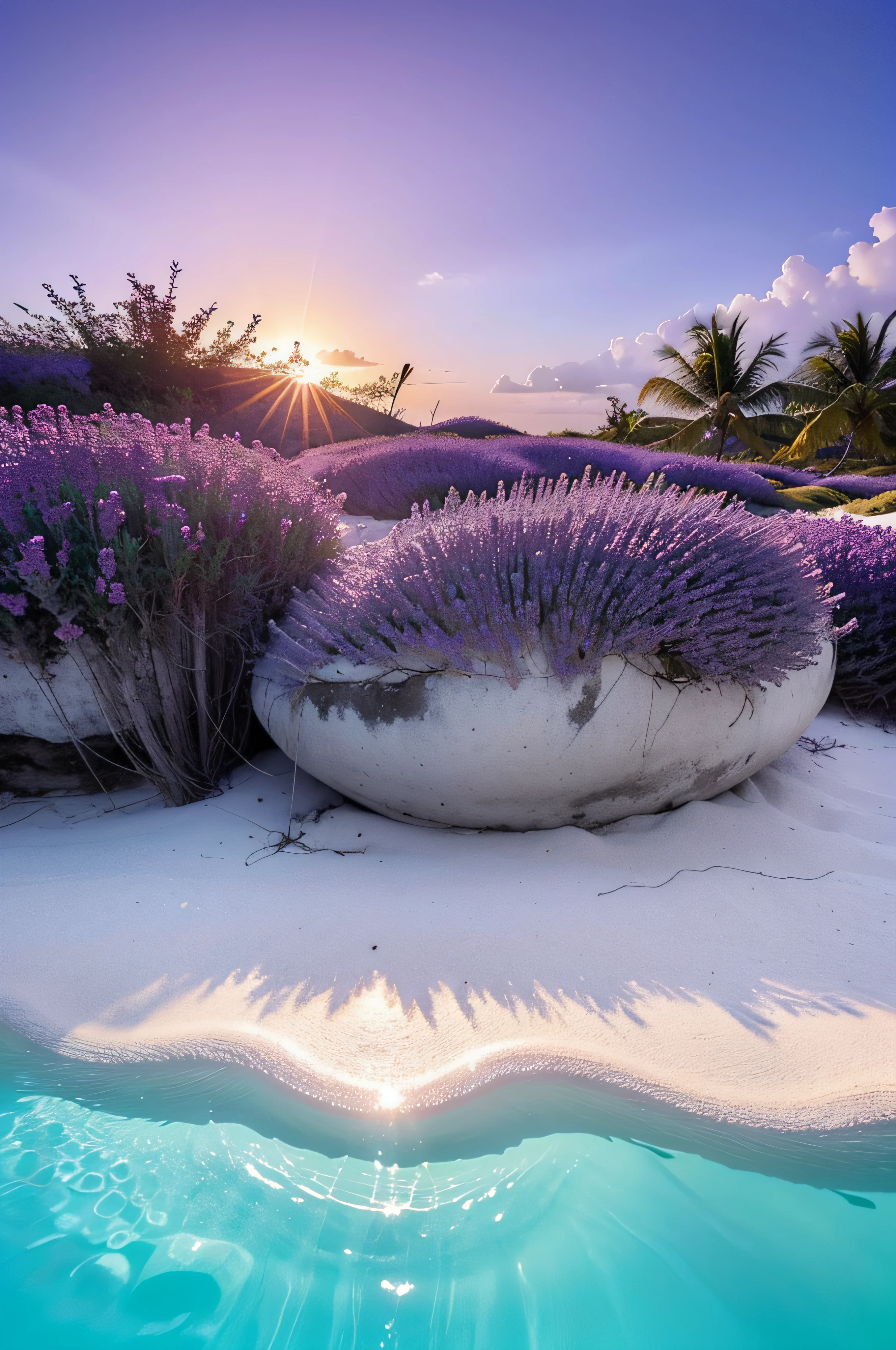 Beautiful lavender beaches, concept art, 8 k, ultra detailed, light dust, Maldives, illustration