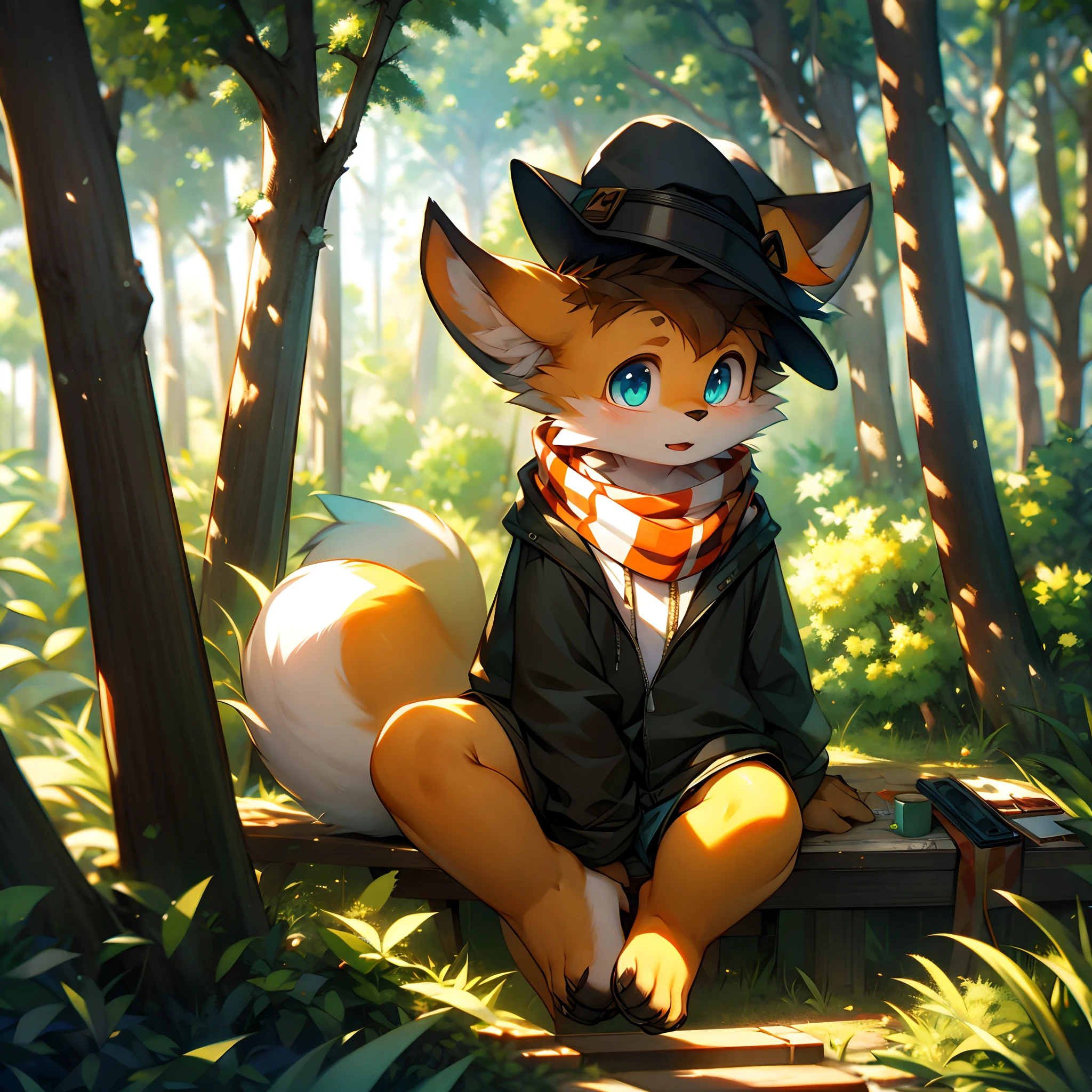 A curious male fox cub pokes its head out of a cozy fox den in the forest. He has orange fur, bushy tail, Cheer up your big furry ears. He wears the green adventurer's hat and scarf. His eyes were bright and surprised as he looked at the study in the dense woods。。, with a sunbeam coming through the trees. Small birds fly nearby,A deer passed by in the distance. The fox cub was excited, Express desire, Get ready to explore the outside world. Breaking anthropology,Furry,feral,(Digital media \(artwork of a\):1.2),(hi,It's nothing,absurd res:1.2),Perfect anatomy,Anatomically correct,Detailed,Detailed face,Detailed eyes,(Realistic fur,Detailed fur:1.25),Detailed background,amazing background. Break