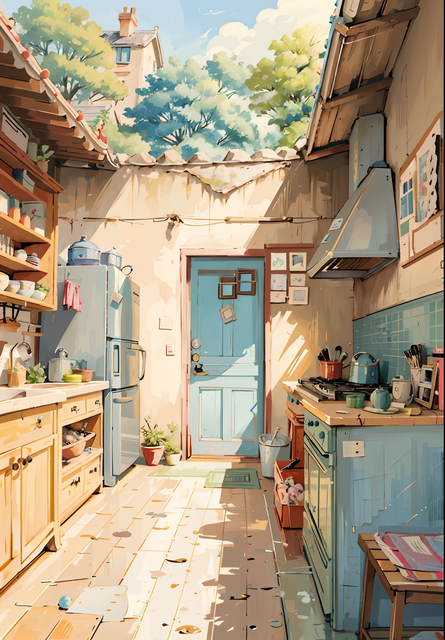 There is a kitchen painting with blue doors, Anime background art, house kitchen on a sunny day, old kitchen backdrop, anime backgrounds, studio ghibli sunlight, In Studio Ghibli style, Ghibli Studio Environment, old kitchen backdrop angled view, studio ghibli artstyle, Anime landscape concept art, studio ghibli aesthetic, Kitchen background, ghibli artstyle, studio ghibli artstyle