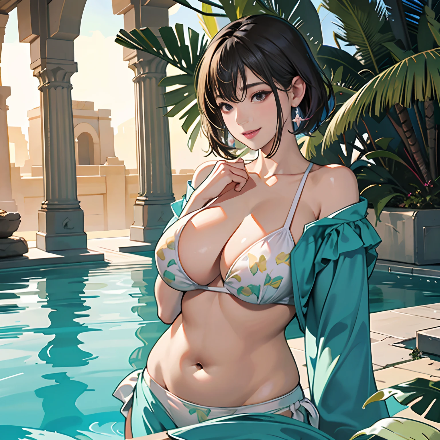 ager、femele、2guys、 Fantasia、offcial art, unity 8k wall paper, ultra-detailliert, beautifly、Aesthetic, masterpiece, top-quality、high-detail、A hyper-realistic、Photorealsitic、short-hair、up hairstyle、Black eyes、depth of fields, Fantastic atmosphere, Calm palette, tranquil mood, Soft shading、bbw、plump figure、Huge breasts、stone buildings、Stone ruins、stone statue、Desert Oasis、Palm trees、a plant、Wearing a bikini swimsuit、maikurobikini、playing in the water、Floral swimsuit、Staring at this、Shy smile