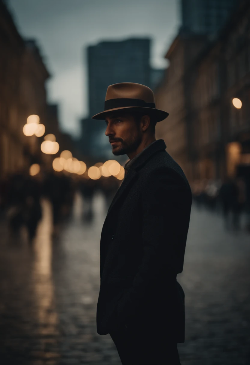 A man in a hat,urban in the background,social clothes