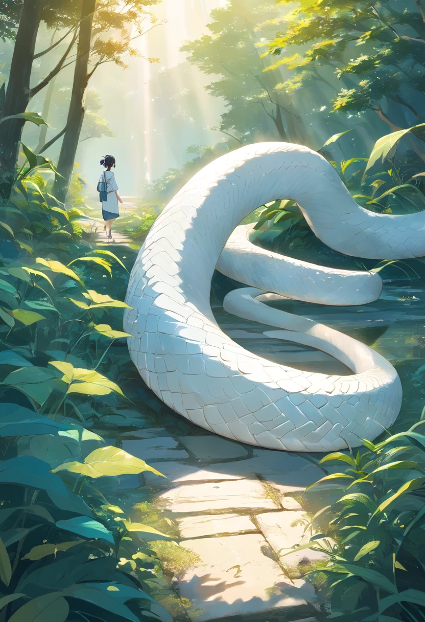 A white snake tail,((big white snake)), (Chinese snake) , (Celestial snake))))), white snakeSkimming through the weeds,The huge white snake behind the girl, the celestial white snake, (((Elegant white snake)), Eerie light,Dark night,high high quality,fog atmosphere,(Chinese folk suspense supernatural comic style),High detail, Sharp focus, Dramatic,The art of painting by Midjourney and Greg Rutkowski, Bokeh on the background