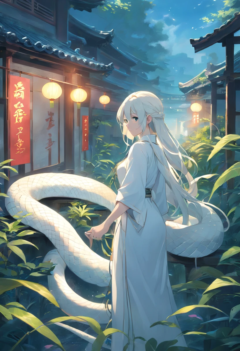 A white snake tail,((big white snake)), (Chinese snake) , (Celestial snake))))), white snakeSkimming through the weeds,The huge white snake behind the girl, the celestial white snake, (((Elegant white snake)), Eerie light,Dark night,high high quality,fog atmosphere,(Chinese folk suspense supernatural comic style),High detail, Sharp focus, Dramatic,The art of painting by Midjourney and Greg Rutkowski, Bokeh on the background