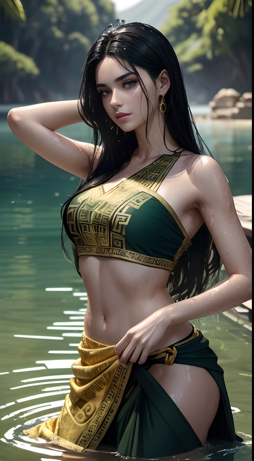 (A 25 years old female Greek model bathing in the lake:1.4), (long black hair:1.2), (pale skin:1.2), (detailed oily and sweaty skin:1.4), (wearing bright green sarong dress with golden batik ornate:1.4), (dimly light lake with candles:1.2), (sexy pose:1.2), (chiaroscuro lighting:1.2), photo realism, intricate face detail, intricate hand details, highly detailed, vibrant colors, cinematic, 8k, trending on Artstation--style raw