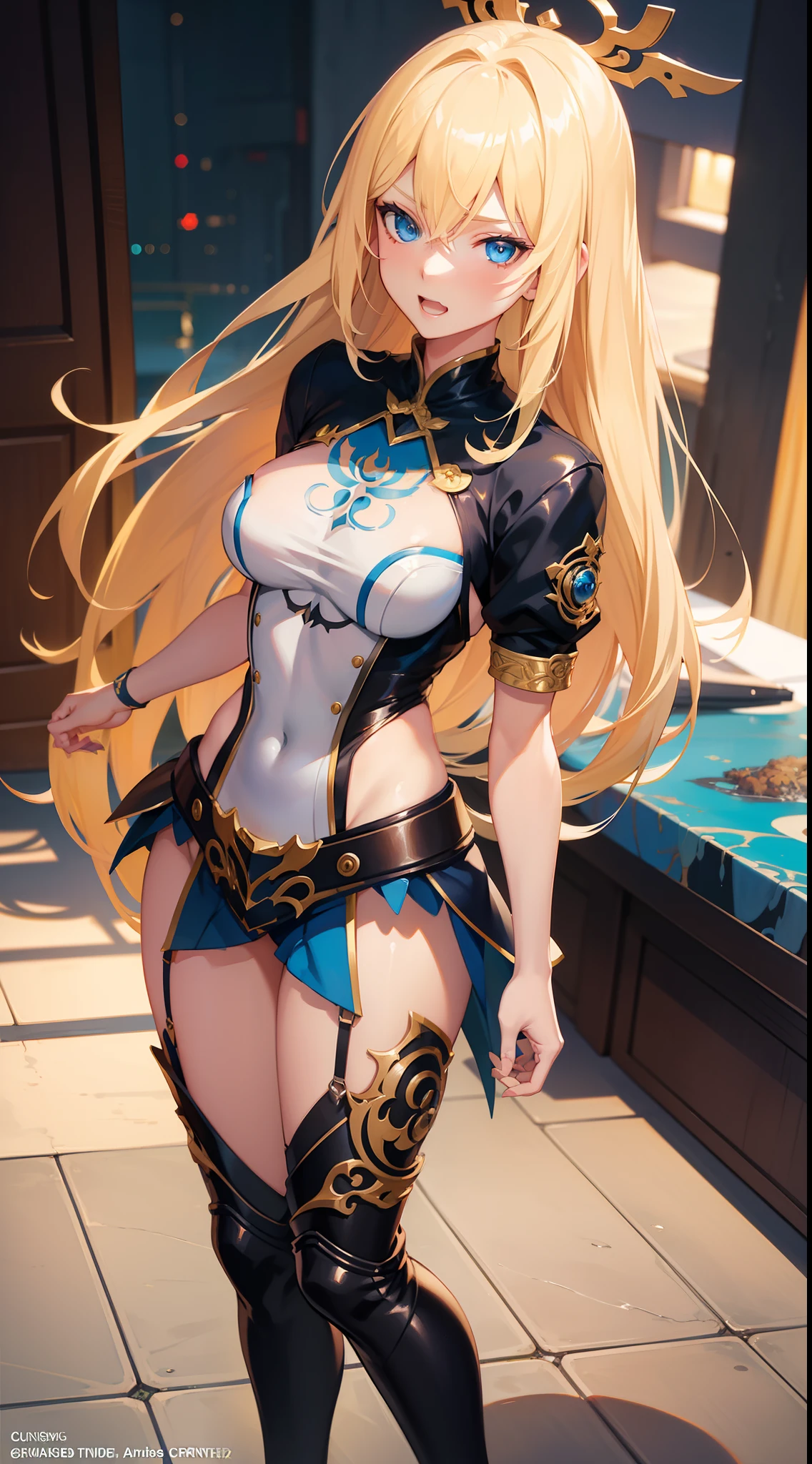 Anime girl with blonde hair and blue eyes posing for photography, extremely detailed artgerm, cushart kenz, ssmile, opened mouth, ! dream artgerm, full body xianxia, kda, expressing joy. by krenz cushart, Artgerm and Rossdraws