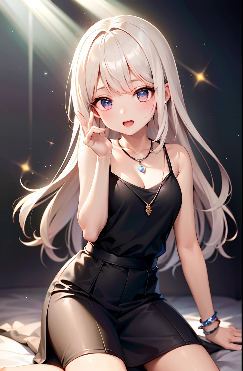 best quality, ultra high resolution, 1 girl, white sleeveless shirt, black skirt, black necklace, cute, (kpop idol), (aegyo sal:1), (platinum blonde :1), ((beautiful sparkling double eyelids)), seen at the viewer, full body, facing forward