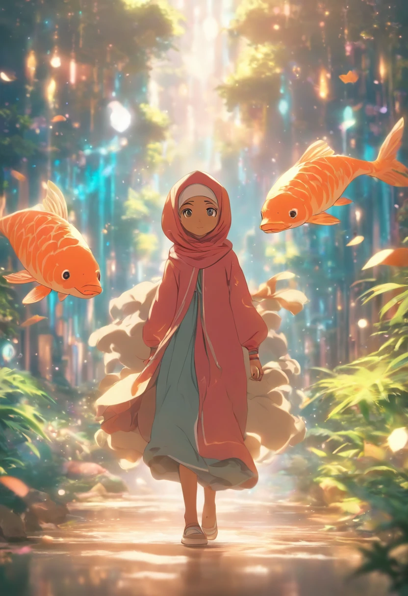 Create a whimsical and imaginative photography edit featuring a Malay girl in hijab wearing sportswear, who finds herself trapped in a fantastical world. Beside her, introduce a weird, funny, and cute creature that embodies the charm and peculiarity of this magical realm. Use creative editing techniques to seamlessly blend the girl, the creature, and the fantasy landscape together, ensuring a harmonious and visually captivating composition. Play with color grading and lighting effects to enhance the dreamlike atmosphere of this encounter. This photography edit should transport viewers into a delightful and enchanting alternate reality.