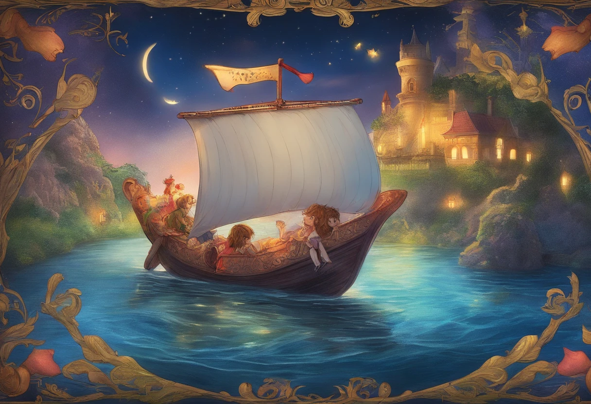 Fairy tale picture book,Banana boat surrounded by moonlight, Super realistic