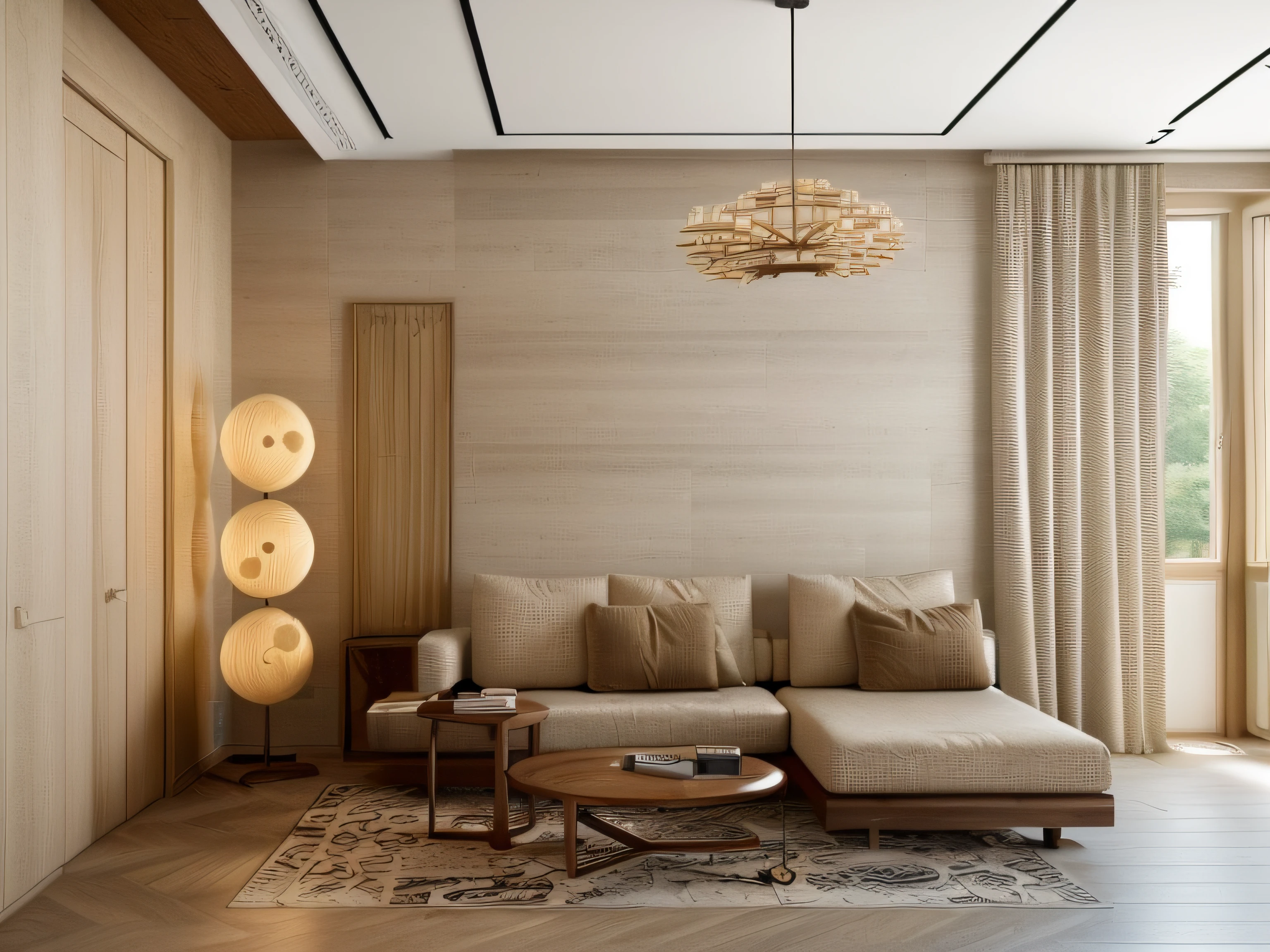 RAW photo, interior classic style, (high detailed skin:1.2), 8k uhd, dslr, (natural light:1.2), high quality, Please generate a detailed and inviting image of the living room in a Japandi-style apartment. The room should embrace the Japandi aesthetic with warm and bright natural wood tones, showcasing the prominent wood grain patterns. The floor should feature luxurious tiles or stone cladding with elegant cloud-like patterns. Incorporate both modern LED lighting and a contemporary chandelier to ensure a well-lit space.

The sofa, ideally in a refined textile, should complement the interior furnishings. Choose modern, sleek curtains to enhance the contemporary feel of the room. Emphasize the presence of authentic, crisp natural light, which should illuminate the interior, accentuating the colors and textures.

Please ensure that the room exudes an atmosphere of Japandi harmony, sophistication, and a balance between Japanese and Scandinavian design elements, with a particular focus on natural elements, contrast in interior colors, and the presence of authentic natural light
