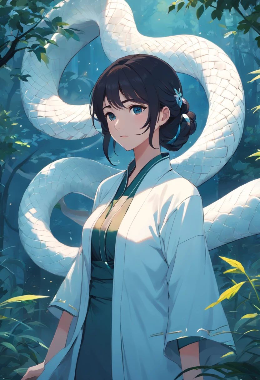 A white snake tail，((big white snake)), (Chinese snake) , (((((((Celestial snake head))))), white snake head, white snakeSkimming through the weeds，The huge white snake behind the girl, the celestial white snake, (((Elegant white snake)), Eerie light，Dark night，high high quality，fog atmosphere，(Chinese folk suspense supernatural comic style),High detail, Sharp focus, Dramatic，The art of painting by Midjourney and Greg Rutkowski, Bokeh on the background