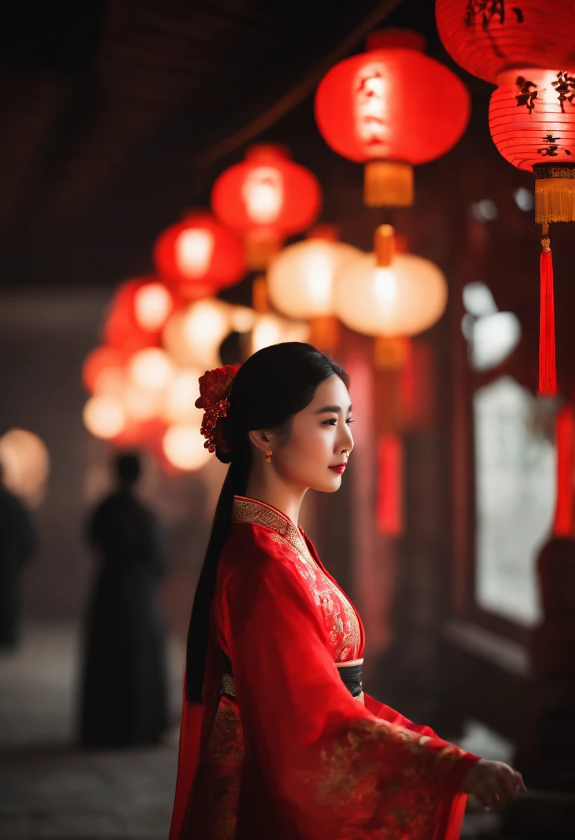 1womanl, 24 years of age,Chinese Beauty,Chinese costumes,Gorgeous,the night,Ancient Chinese architecture,Court,Chinese elements,Numerous sky lanterns,lantern,new year,Red ribbon,