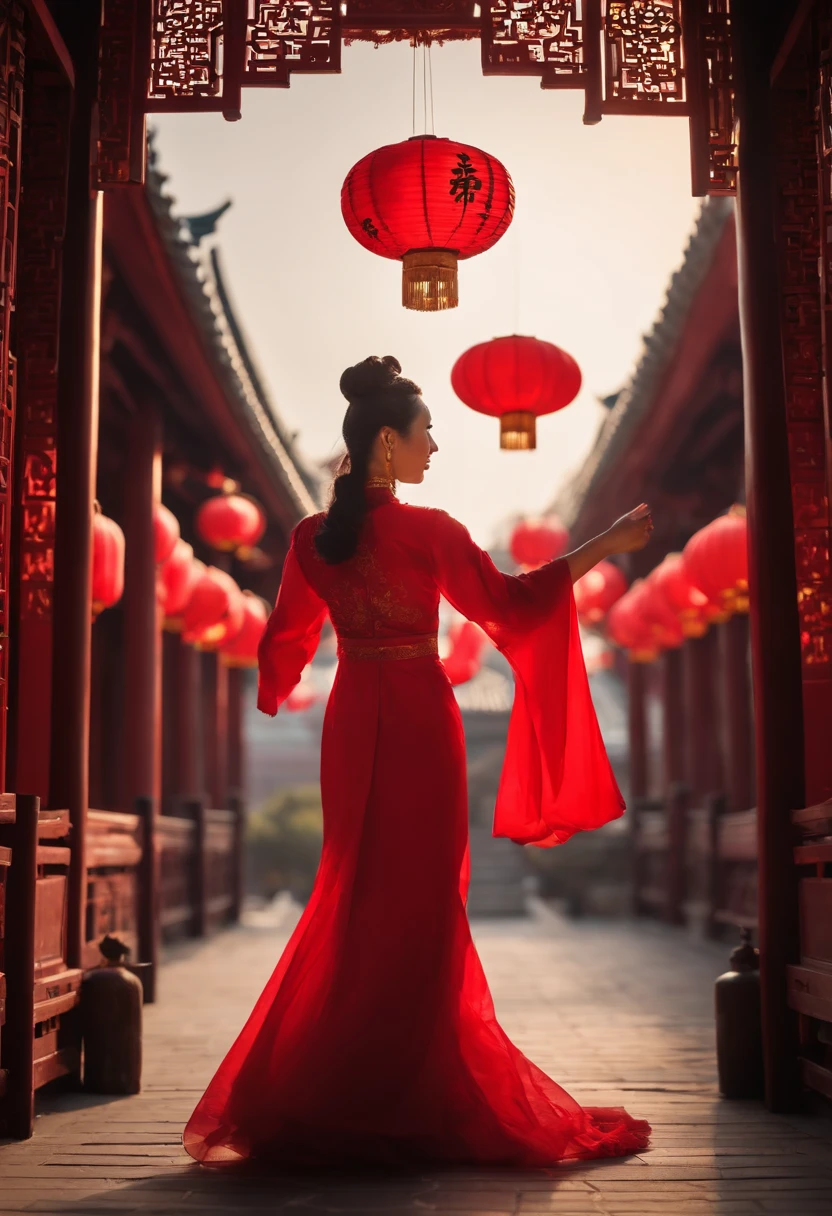 1womanl, 24 years of age，Chinese Beauty，Chinese costumes，Gorgeous，the night，Ancient Chinese architecture，Court，Chinese elements，Numerous sky lanterns，lantern，new year，Red ribbon，