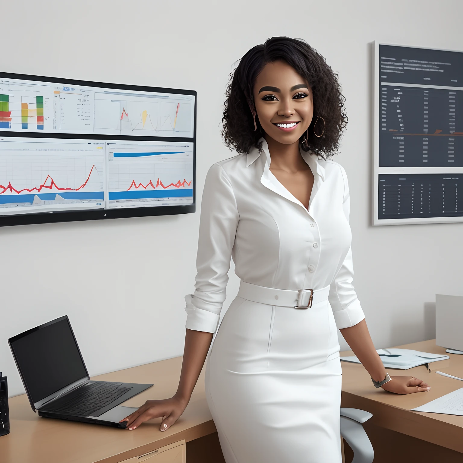 A beautiful 31-year-old black woman exuding an air of confidence and intellect in an elegant modern office space next to a complex financial graphic on the wall, You can feel your analytical mind at work, direct into the camera's gaze, ligeiramente sorridente, corpo inteiro, Medidas do modelo superior, office dress code, cara bonito, ainda muito profissional