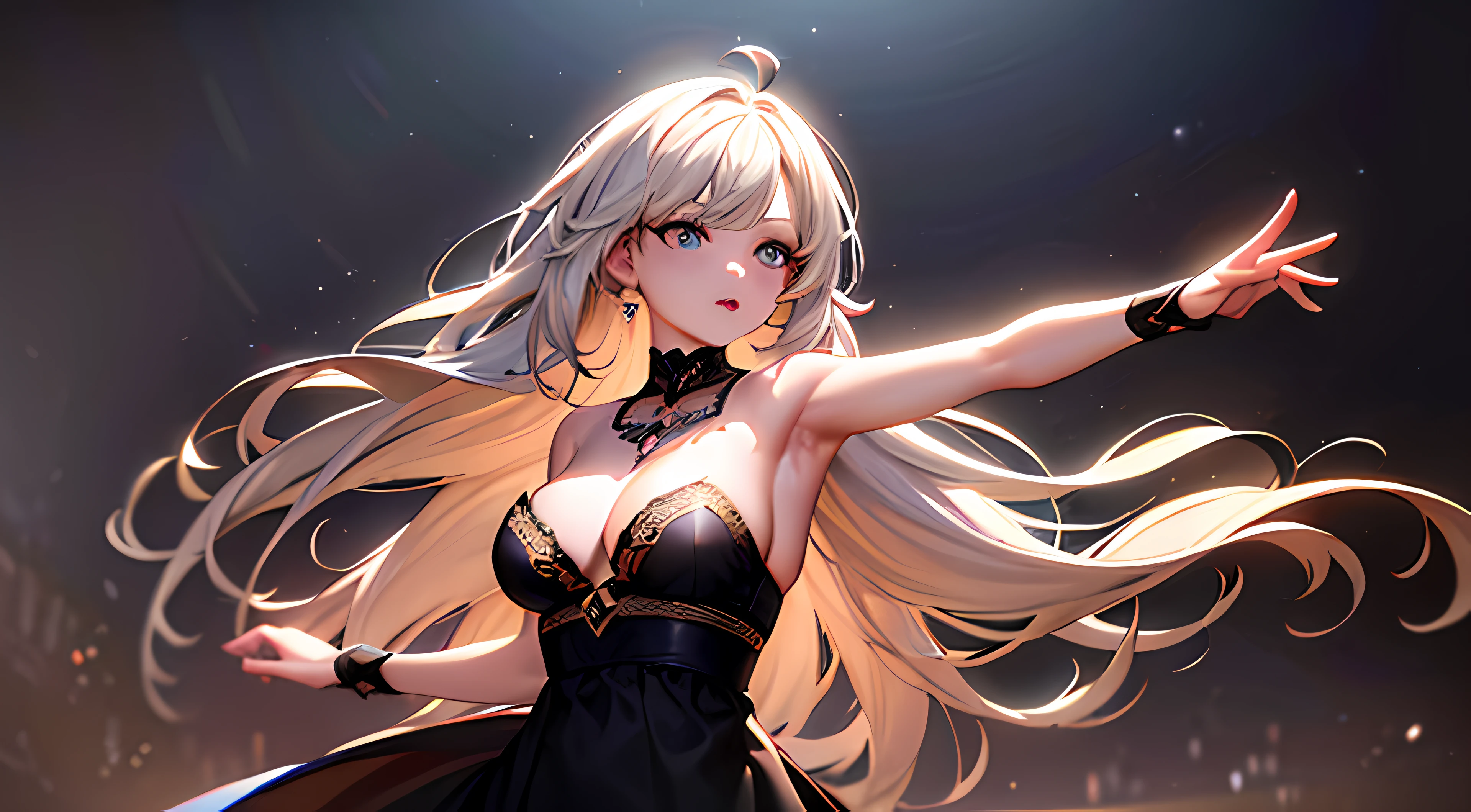 (best quality,4k,8k,high res,masterpiece:1.2),ultra-detailed,HDR,UHD,studio lighting,ultra-fine painting,sharp focus,physically-based rendering,extreme detail description,professional,vivid colors,bokeh, portraits, dark place, dancing, long dress, long hair
