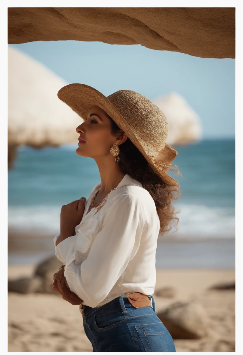 I want you to generate for me a beautiful Moroccan woman, a little round but not fat, who is 1m70 tall and who walks under a rock in Morocco, at the beach. she wears a hat and a denim skirt