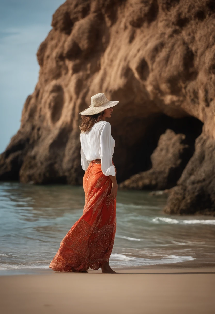 I want you to generate for me a beautiful Moroccan woman, a little round but not fat, who is 1m70 tall and who walks under a rock in Morocco, at the beach. she wears a hat and a denim skirt