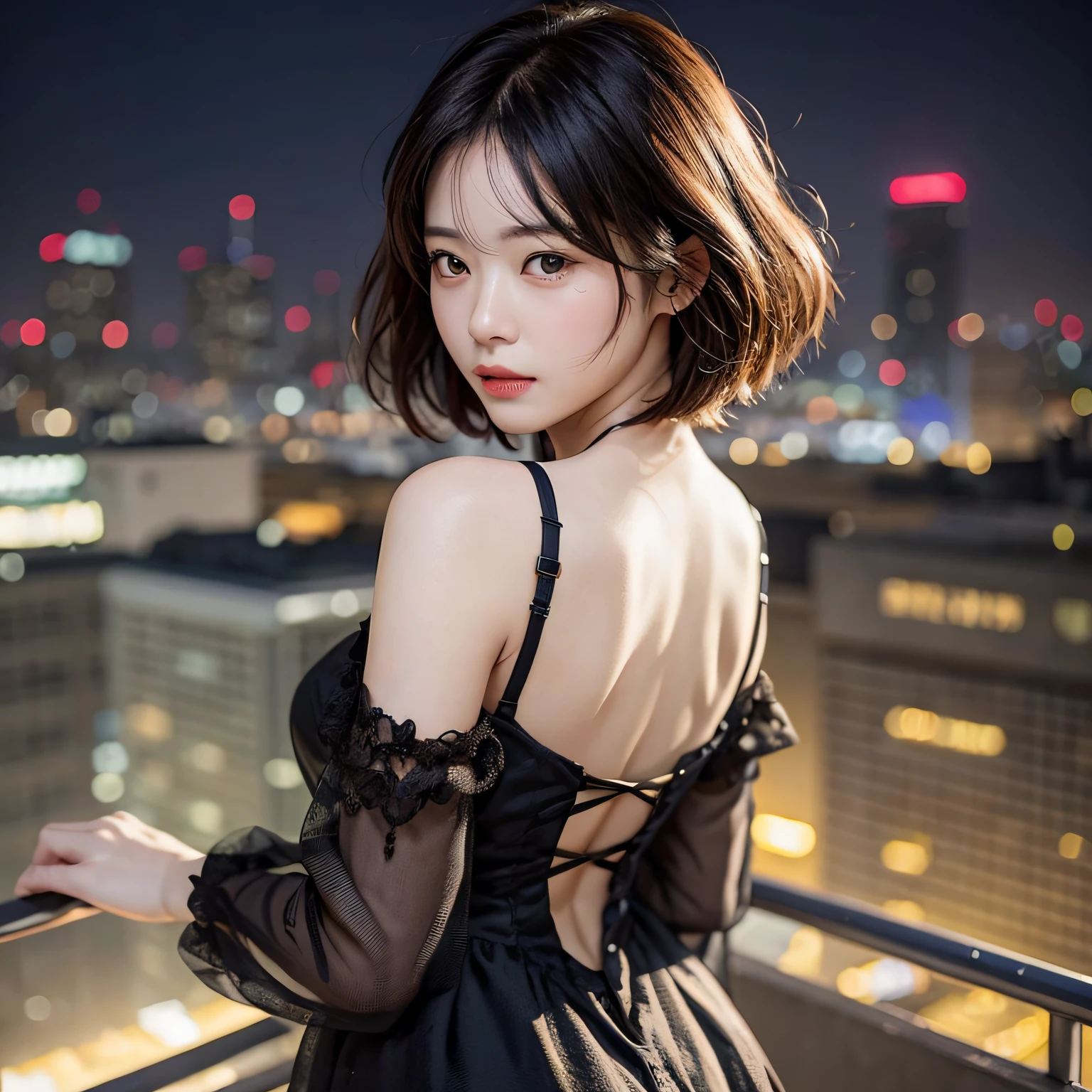 Generate images of seductive young woman in photorealistic style, Capture in 8K resolution, Similar to the exquisite beauty of Korean actress Park Kyu-young. In this image, She has her back to the camera, And her hands are spread wide. Her features are impressive, and large, Expressive eyes, small mouth, and a straight nose that gives her a doll-like look. She is loose, Fluffy short bob haircut flutters in the wind. Her hair is black、The background is a rooftop overlooking the futuristic cityscape at night, Where her hair shakes dramatically in strong winds. This perspective shows her back, Creating an air of mystery and charm. The focus is、Need to capture wind-blown hair and curves of back and shoulders. For her outfit, She wears a chester coat. Make sure the final image is in a photorealistic style, Attention to detail, From the flow of her hair to the subtle contours of her back and arms, And new outfits.blindfolds