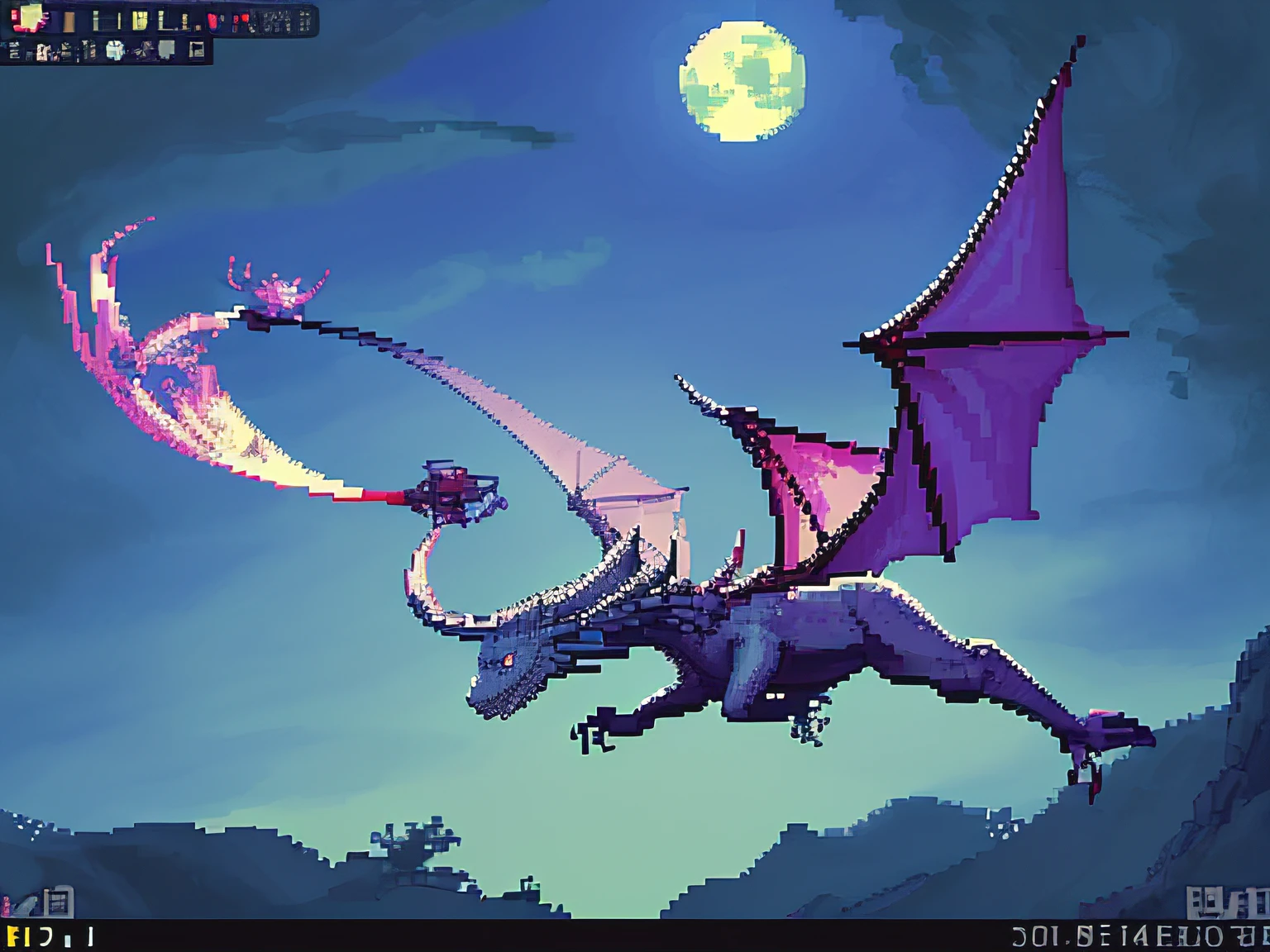 pixel art, moonlight, low resolution, flying dragons