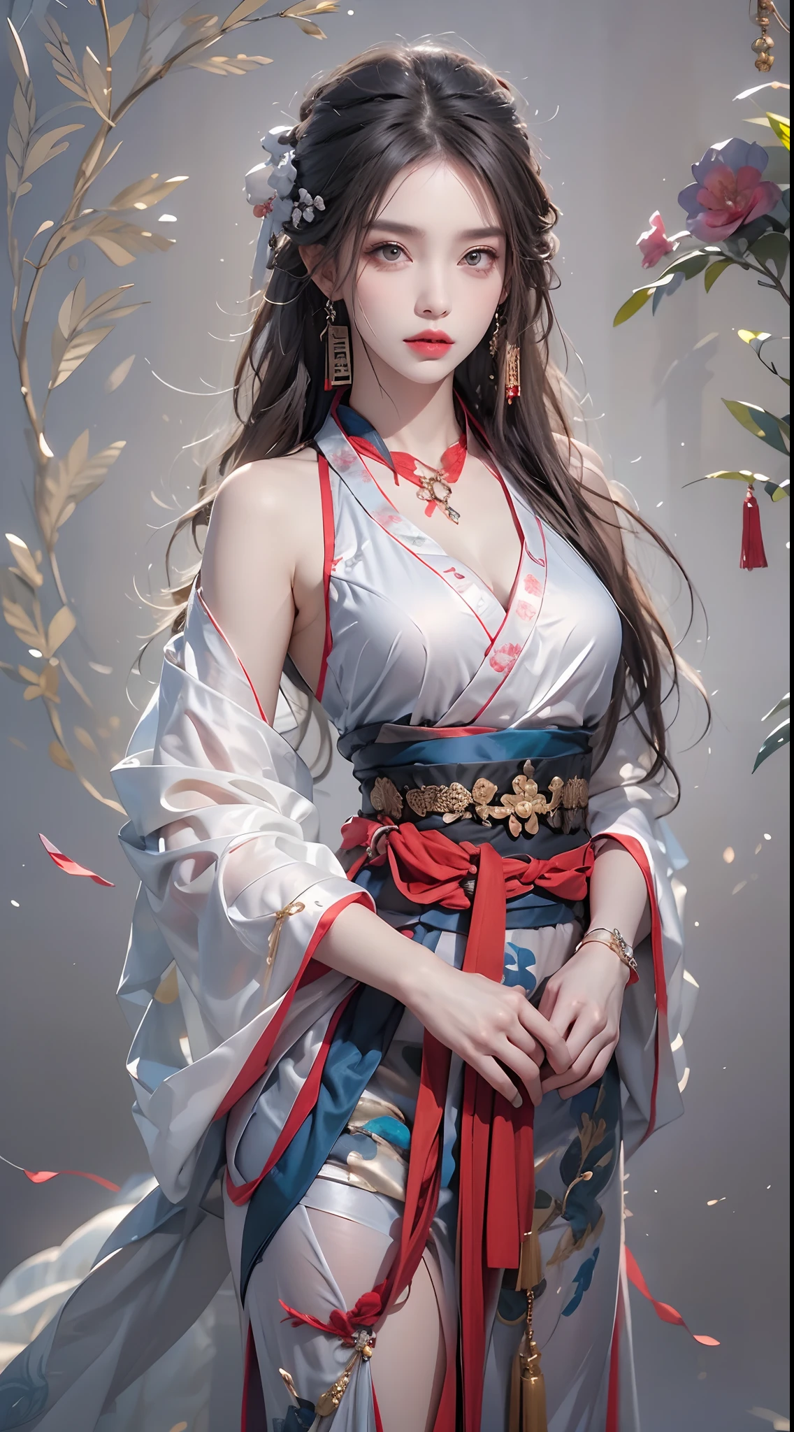 Photorealistic, high resolution, 1 woman, hips up, Beautiful eyes, Long hair, ringed eyes, jewelry, tattoo, hanfu, Chinese fairy, taoist uniform