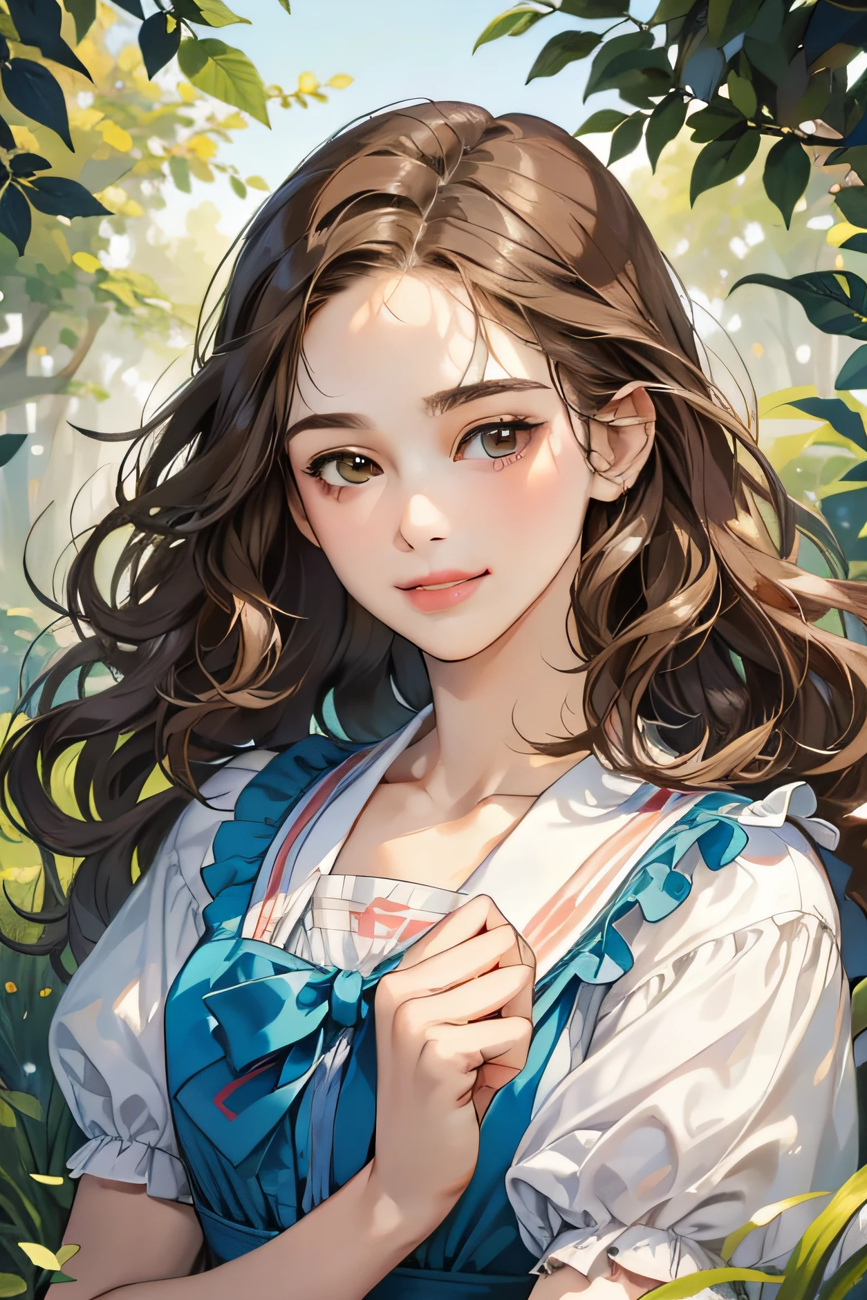 Masterpiece, best quality, realistic, 1woman, quiet, calm and pretty young woman, 16 years old, smile ((close mouth)), portrait, extremely detailed, a little distance, full body ((dark brown eyes)), ((wavy with bang brunette hair)), village , ((alice in wonderland))