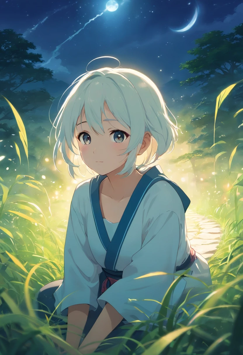 A small white snake，cute girl in the middle, on a grassy field，With his eyes closed，Eerie light，Dark night，high high quality，fog atmosphere，(Chinese folk suspense supernatural comic style),High detail, Sharp focus, Dramatic，The art of painting by Midjourney and Greg Rutkowski, Bokeh on the background