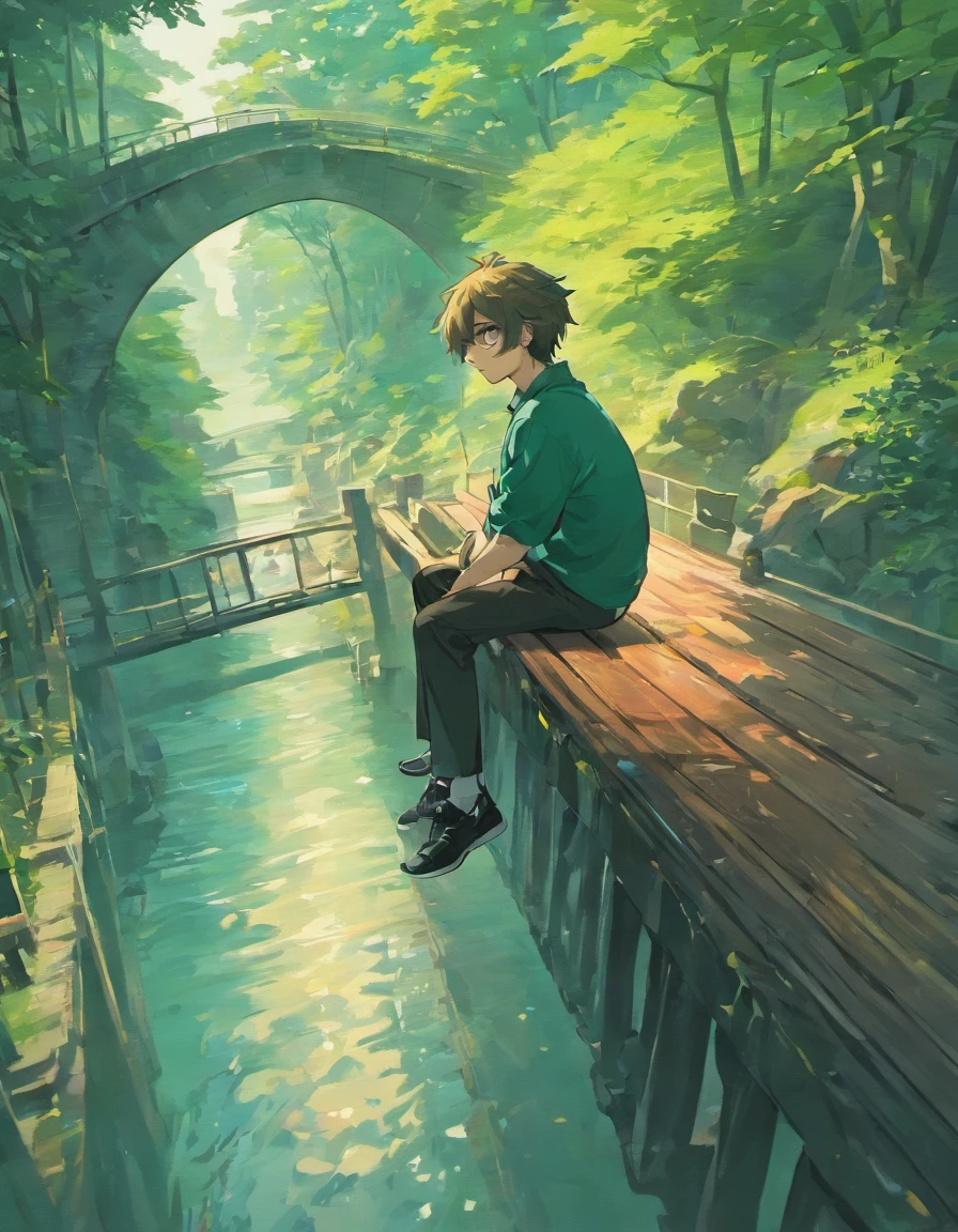 man sitting on bridge overlooking a river, anime art