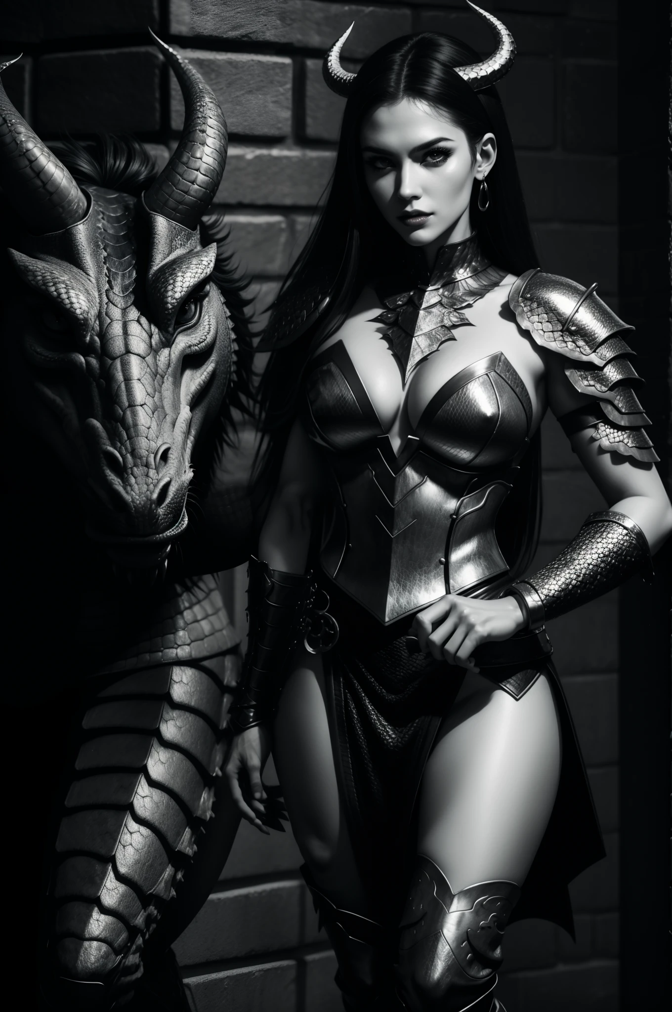 Dragon, Female, 1adult, solo, far, slim body, pale-skin, bracelets, black hair, long hair, trumpets, dragon horns,(award winning portrait photograph) ((full body)) scandanavian woman, standing in wearing tight shirt and skirt,  , Anime style, high quality, Best quality, scales, black scales, leg with scales on thigh, scaly arms, scaly face, ichthyosis, textured skin, dragon, paladin, warrior, half plate, black scales, NSFW, armor, highly detailed skin, detailed hands with five fingers, sharp focus, photorealistic,ray tracking, cinematic lighting, 8k, film grain,neon accents